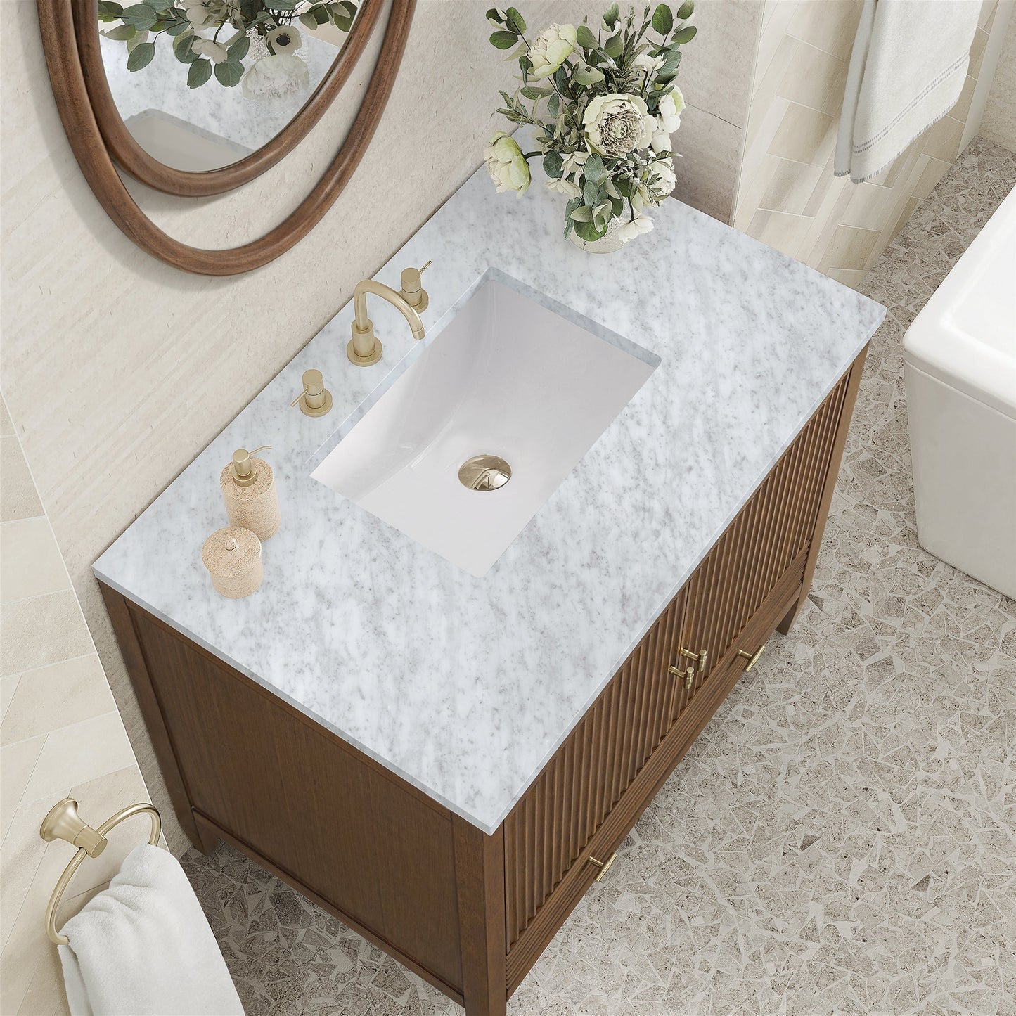 
                  
                    Myrrin 36" Single Vanity in Mid-Century Walnut Single Bathroom Vanity James Martin Vanities Carrara White Marble 
                  
                