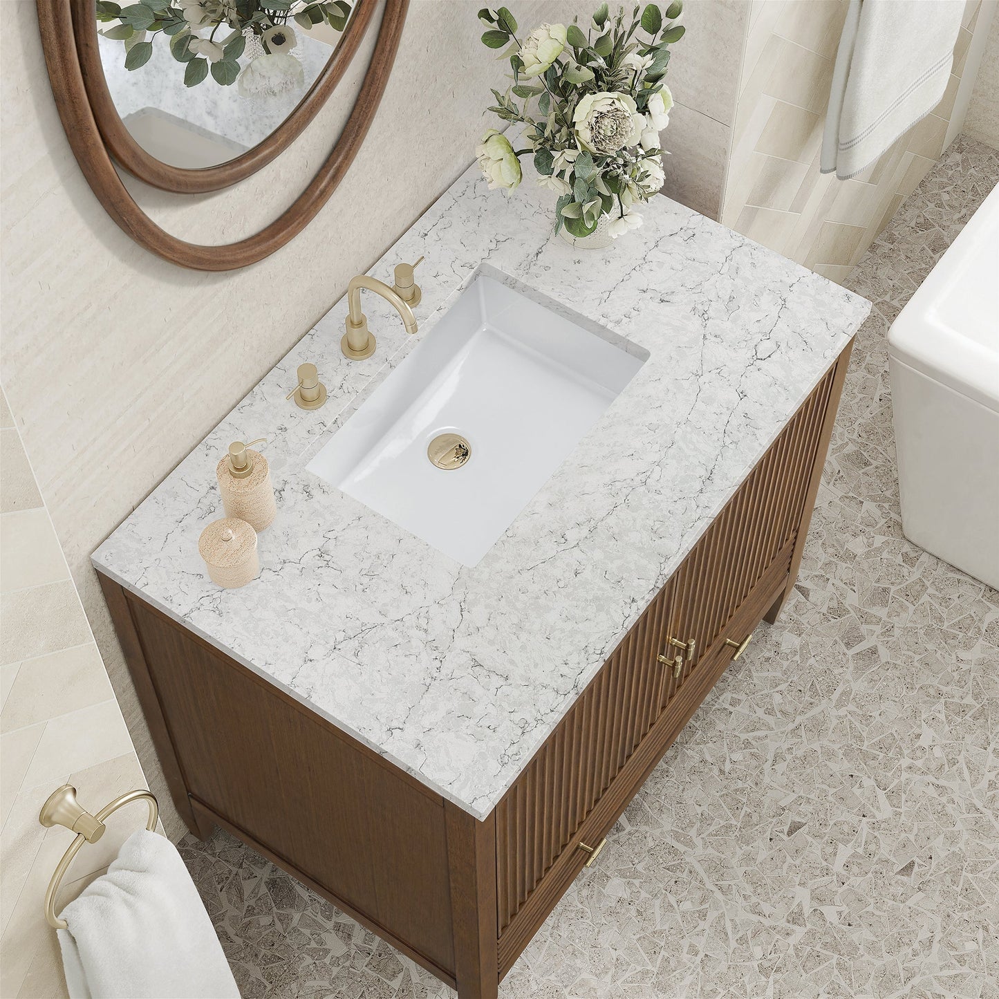 
                  
                    Myrrin 36" Single Vanity in Mid-Century Walnut Single Bathroom Vanity James Martin Vanities Eternal Jasmine Pearl Quartz 
                  
                