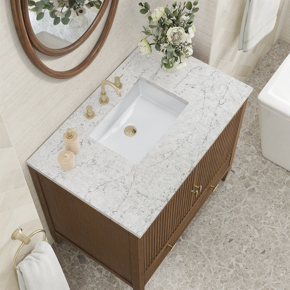 
                  
                    Myrrin 36" Single Vanity in Mid-Century Walnut Single Bathroom Vanity James Martin Vanities Eternal Jasmine Pearl Silestone 
                  
                