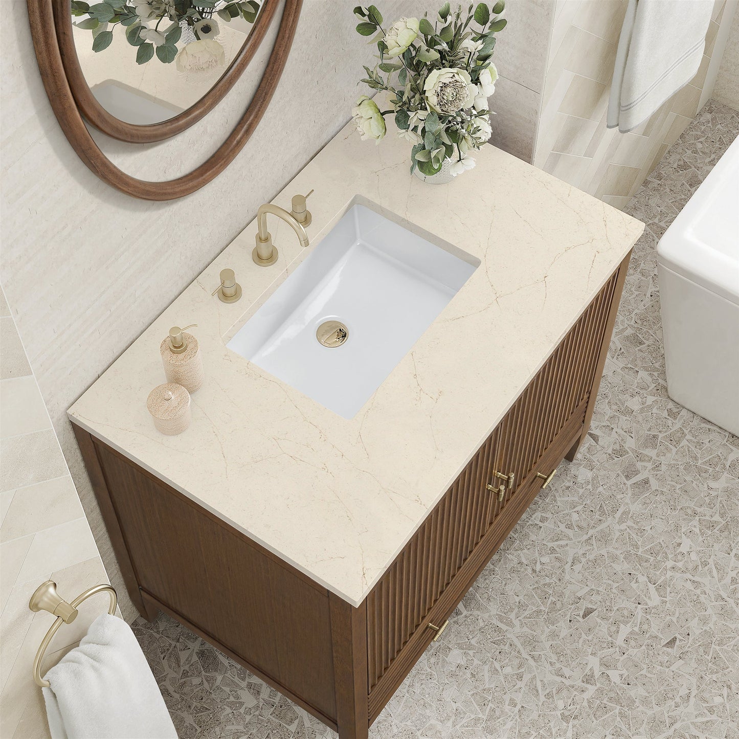 
                  
                    Myrrin 36" Single Vanity in Mid-Century Walnut Single Bathroom Vanity James Martin Vanities Eternal Marfil Silestone 
                  
                