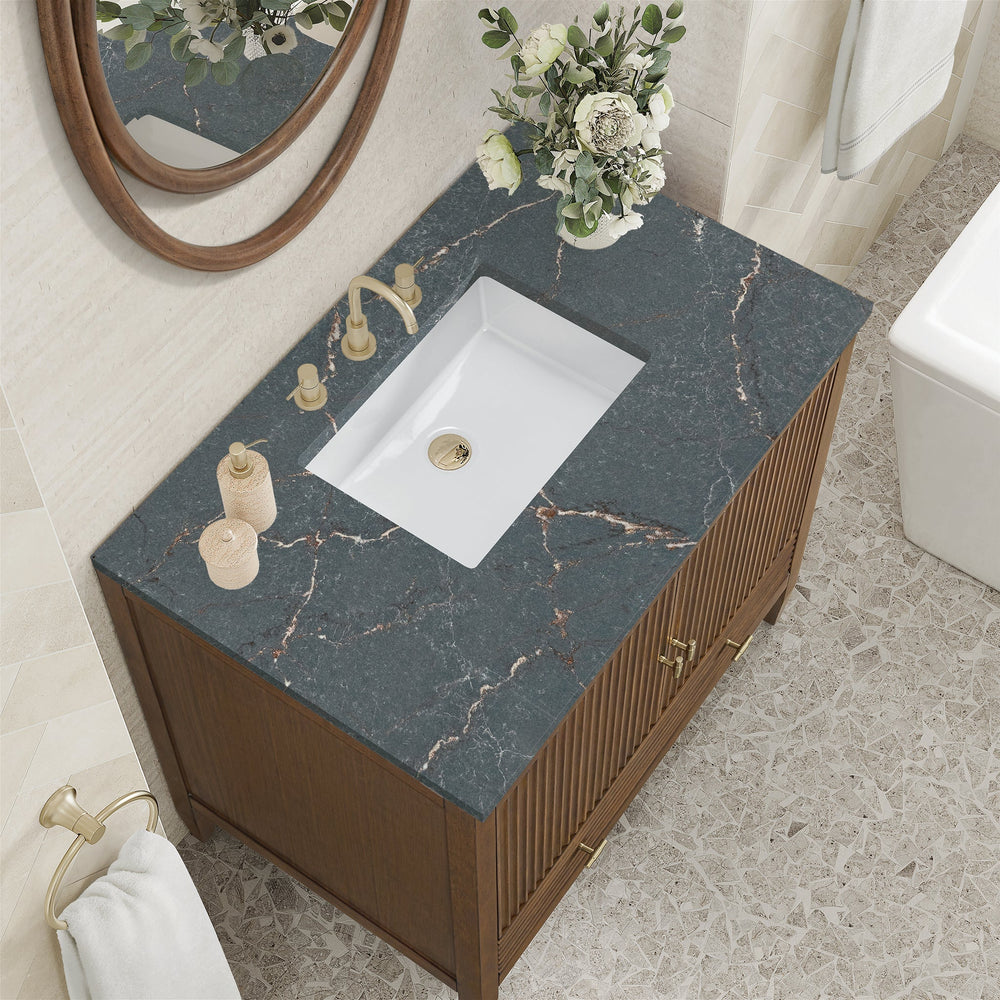 
                  
                    Myrrin 36" Single Vanity in Mid-Century Walnut Single Bathroom Vanity James Martin Vanities Parisien Bleu Silestone 
                  
                