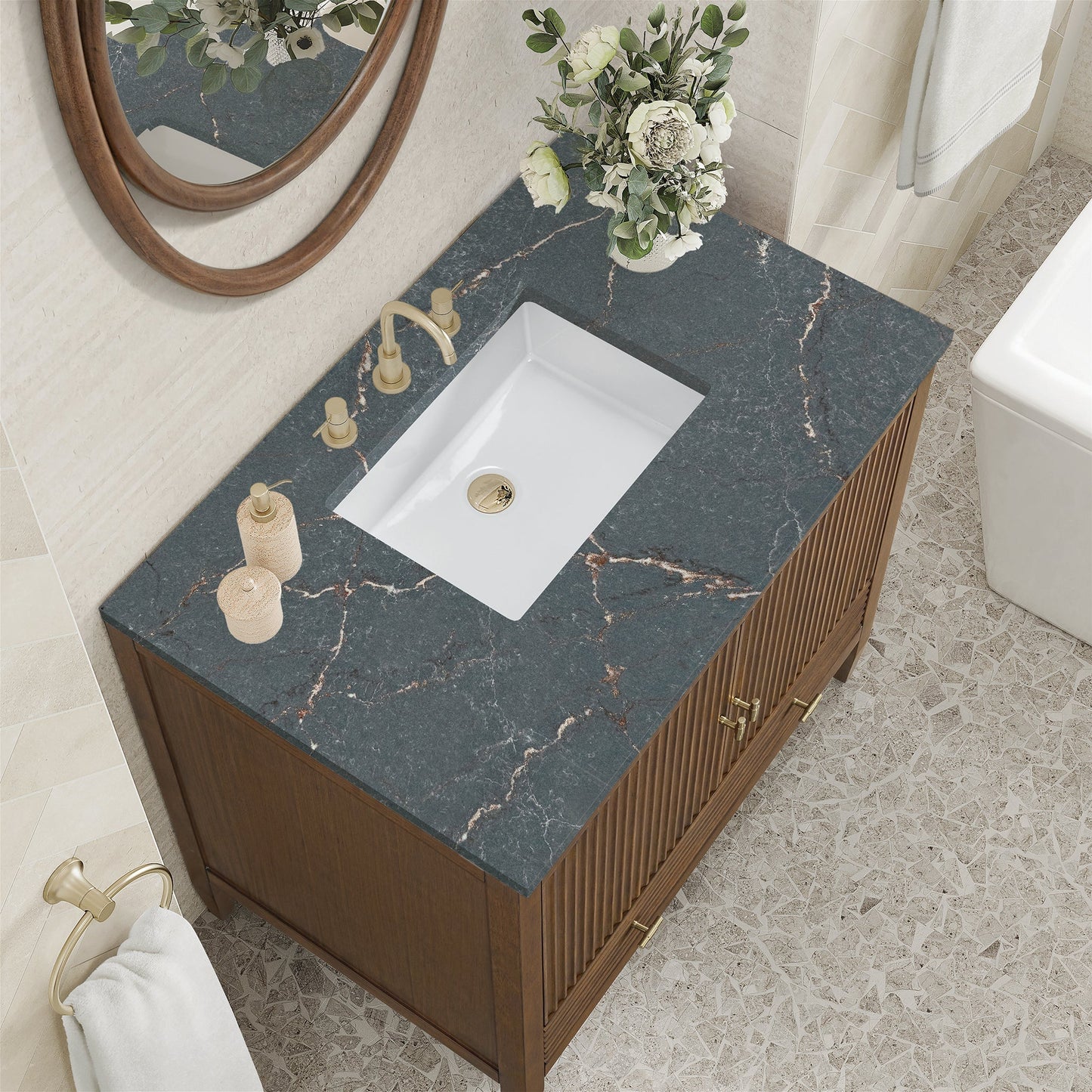 
                  
                    Myrrin 36" Single Vanity in Mid-Century Walnut Single Bathroom Vanity James Martin Vanities Parisien Bleu Silestone 
                  
                