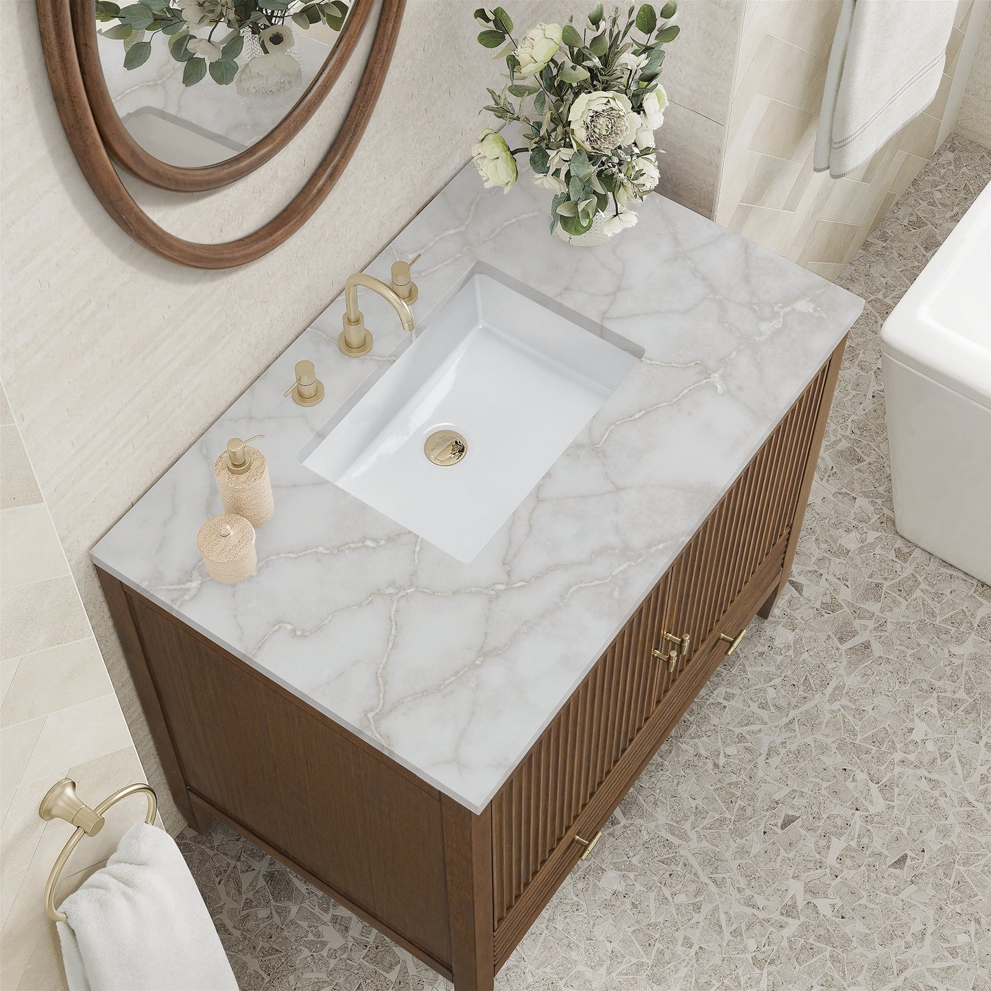 
                  
                    Myrrin 36" Single Vanity in Mid-Century Walnut Single Bathroom Vanity James Martin Vanities Victorian Silver Silestone 
                  
                