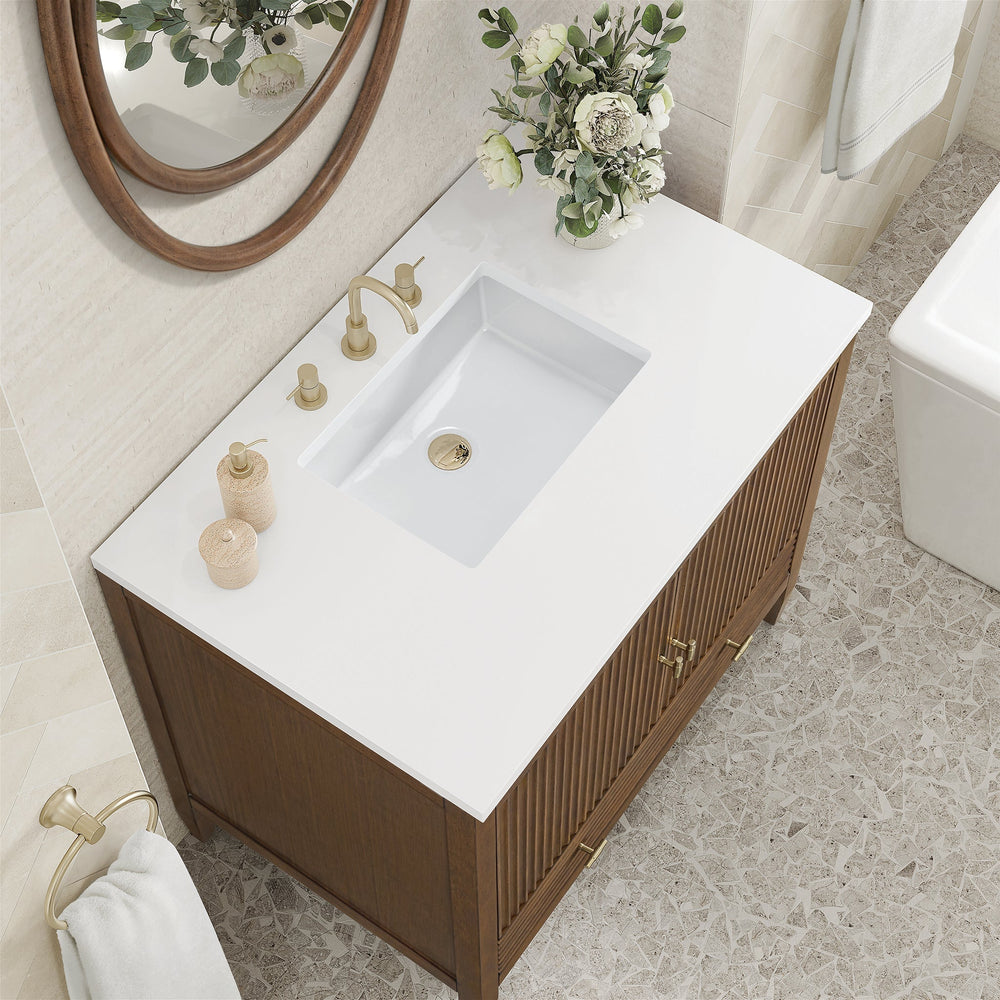 
                  
                    Myrrin 36" Single Vanity in Mid-Century Walnut Single Bathroom Vanity James Martin Vanities White Zeus Quartz 
                  
                