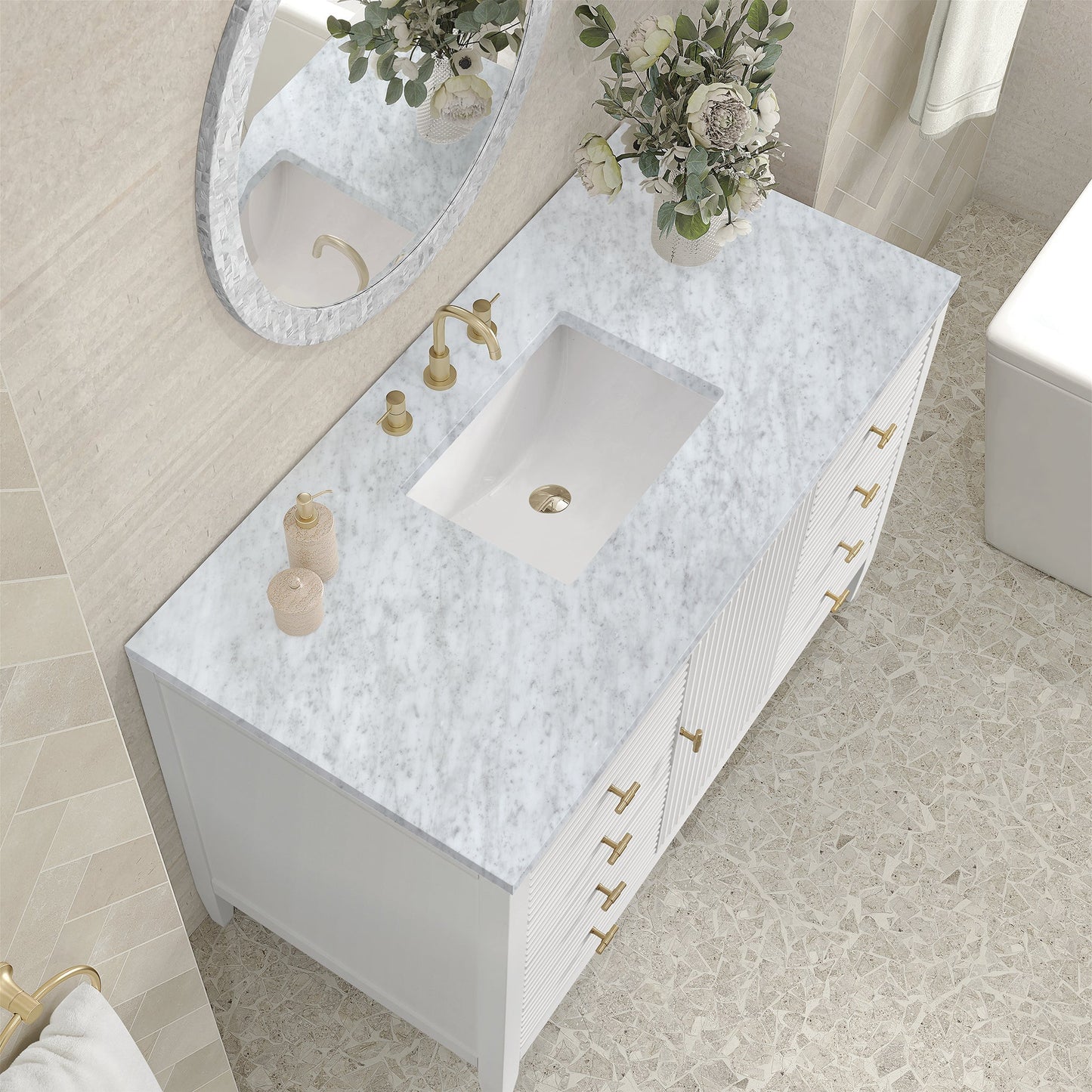 
                  
                    Myrrin 48" Single Vanity in Bright White Single Bathroom Vanity James Martin Vanities Carrara White Marble 
                  
                