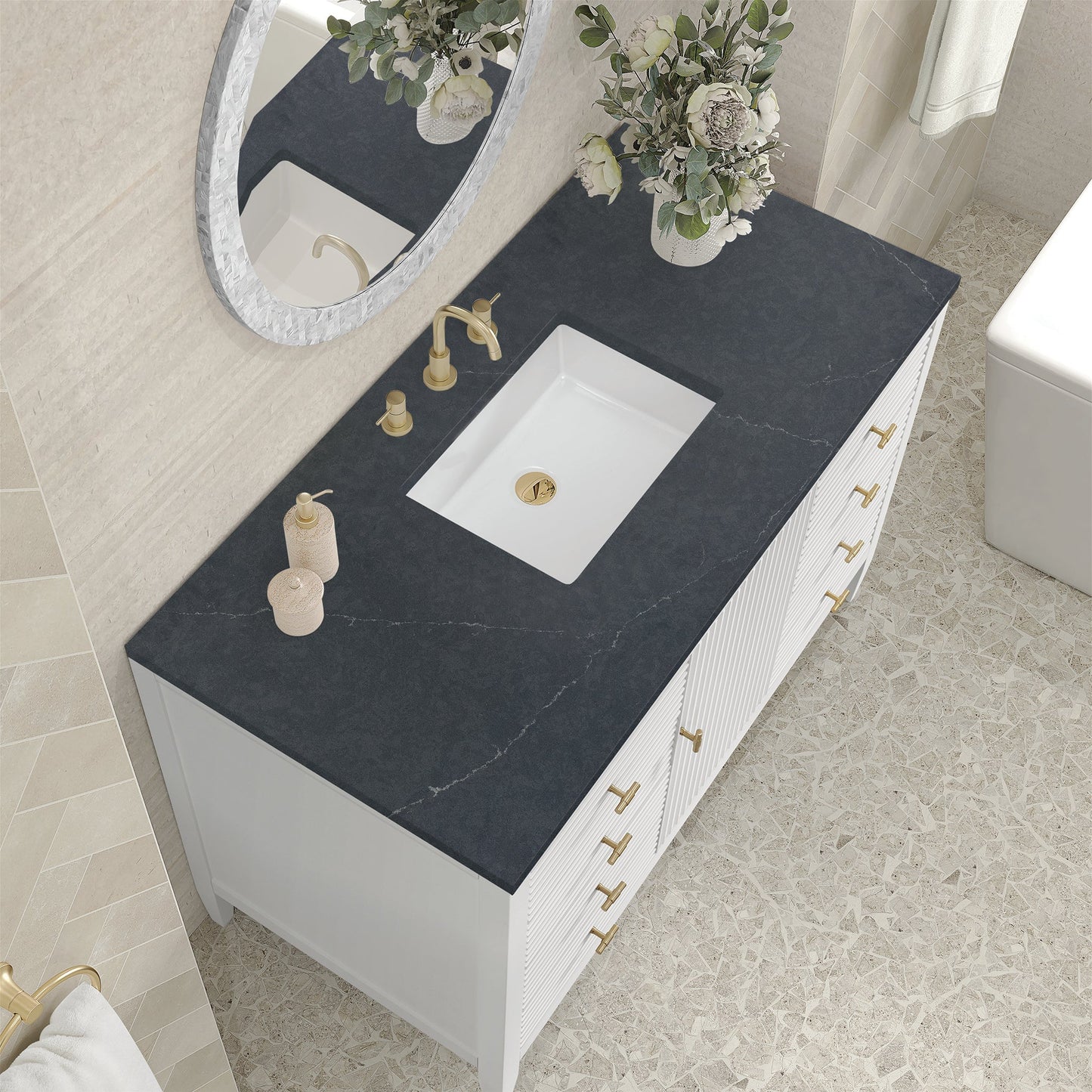 
                  
                    Myrrin 48" Single Vanity in Bright White Single Bathroom Vanity James Martin Vanities Charcoal Soapstone Silestone 
                  
                