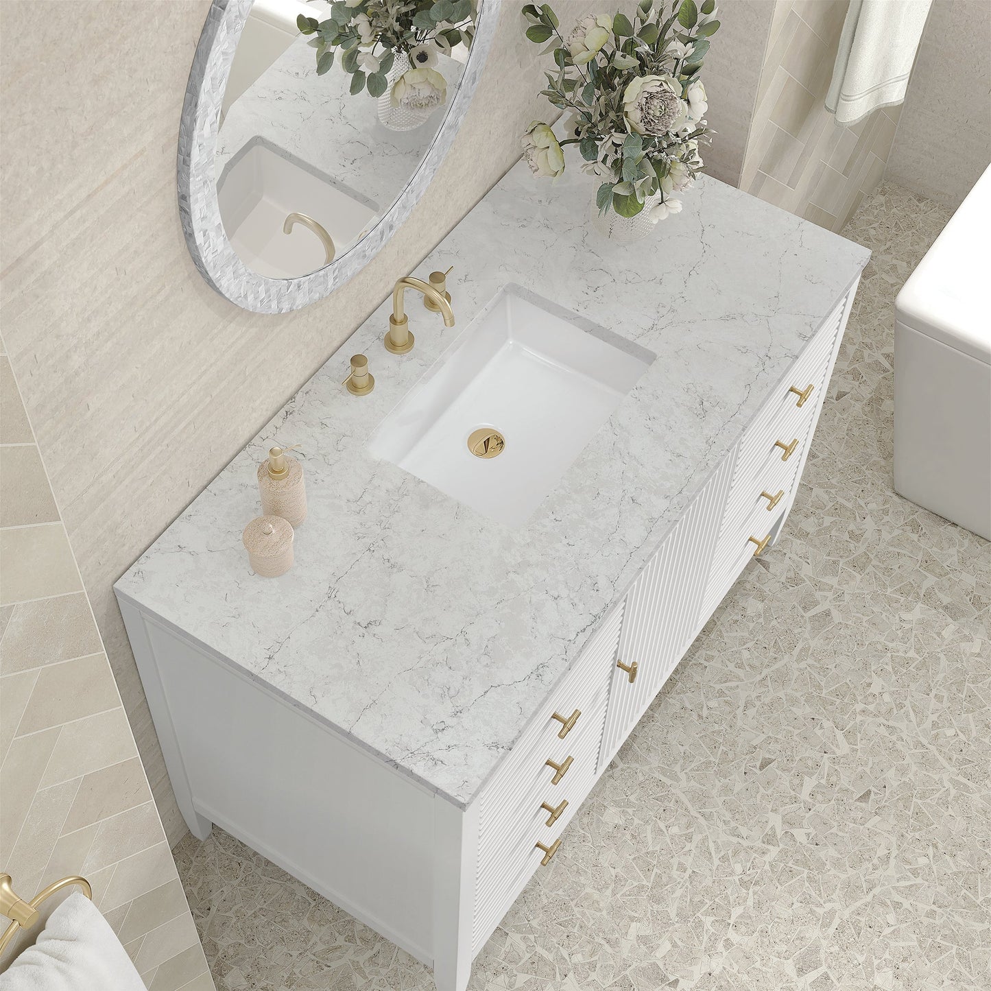 
                  
                    Myrrin 48" Single Vanity in Bright White Single Bathroom Vanity James Martin Vanities Eternal Jasmine Pearl Quartz 
                  
                
