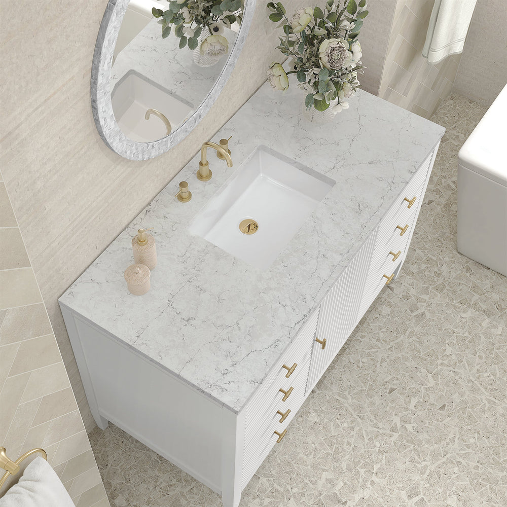 
                  
                    Myrrin 48" Single Vanity in Bright White Single Bathroom Vanity James Martin Vanities Eternal Jasmine Pearl Silestone 
                  
                