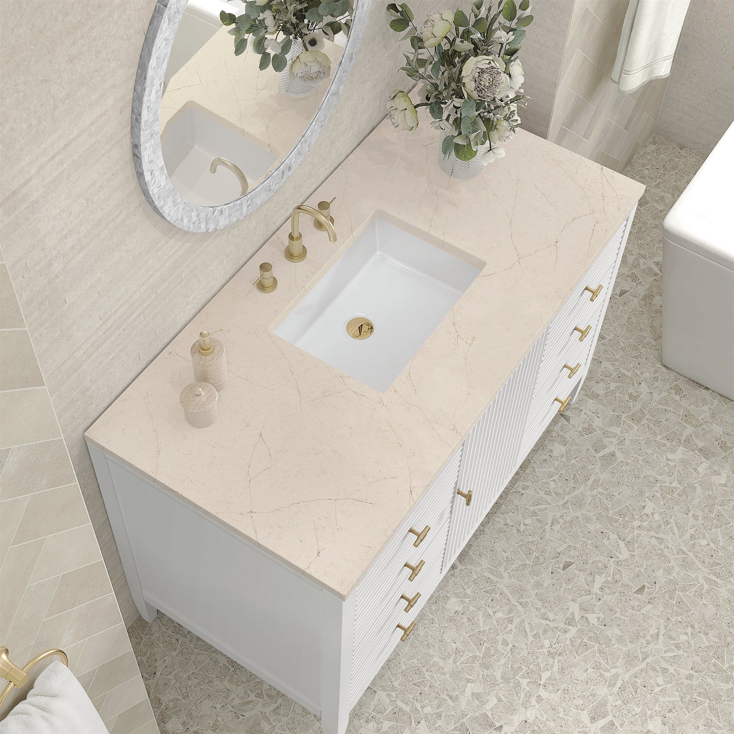 
                  
                    Myrrin 48" Single Vanity in Bright White Single Bathroom Vanity James Martin Vanities Eternal Marfil Quartz 
                  
                