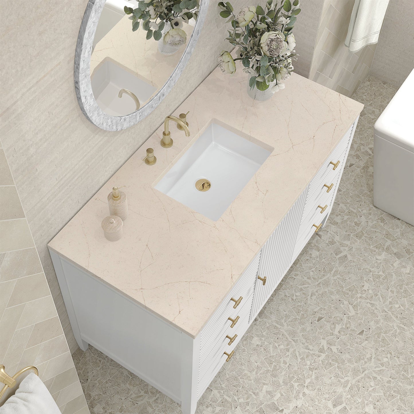 
                  
                    Myrrin 48" Single Vanity in Bright White Single Bathroom Vanity James Martin Vanities Eternal Marfil Silestone 
                  
                