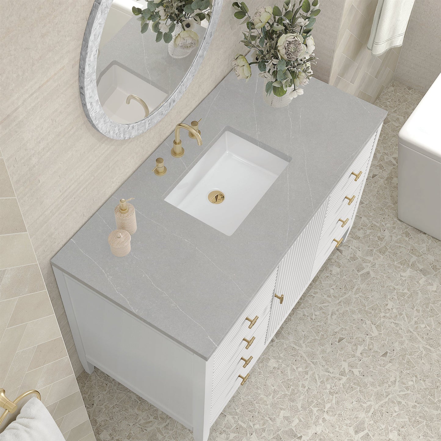 
                  
                    Myrrin 48" Single Vanity in Bright White Single Bathroom Vanity James Martin Vanities Eternal Serena Quartz 
                  
                