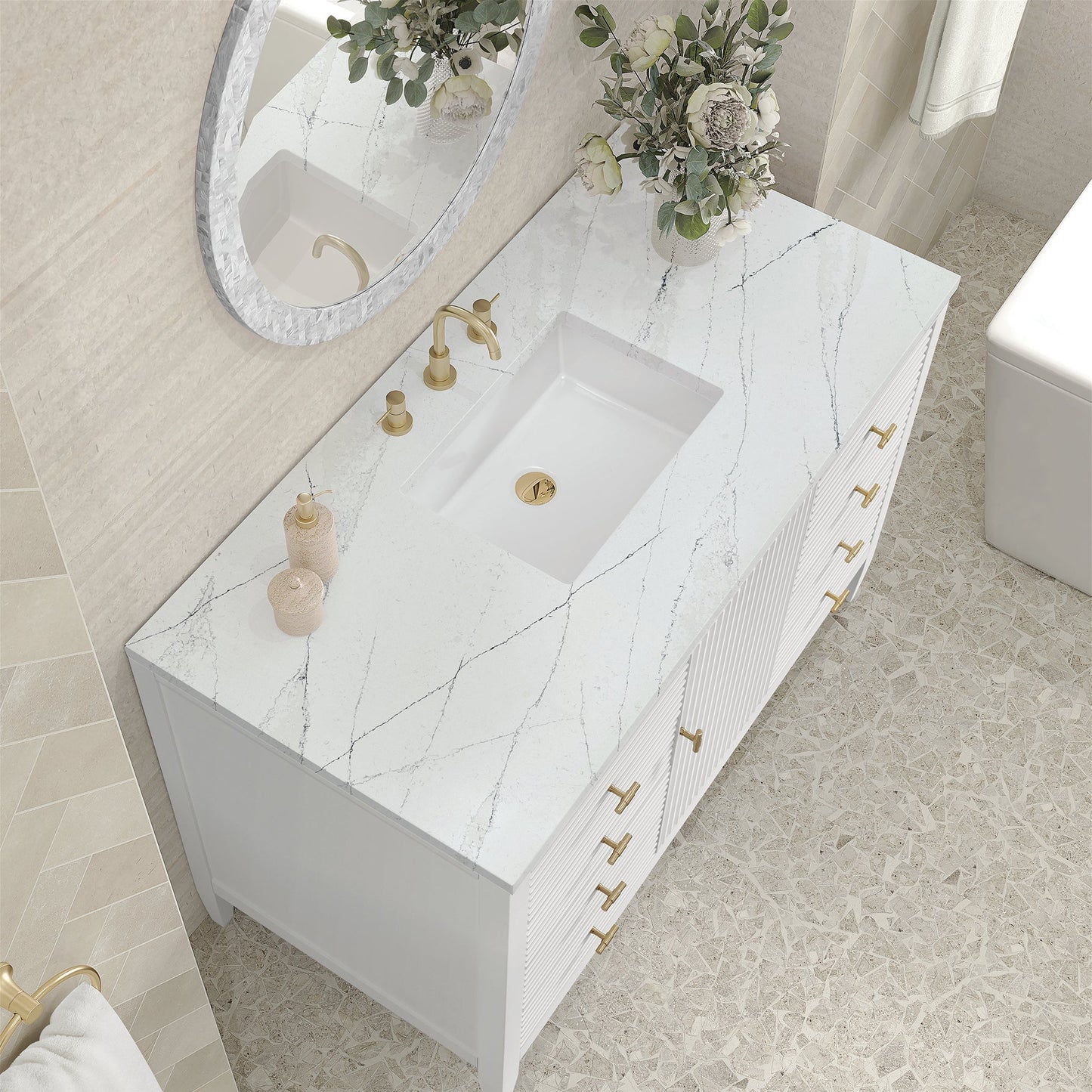 
                  
                    Myrrin 48" Single Vanity in Bright White Single Bathroom Vanity James Martin Vanities Ethereal Noctis Quartz 
                  
                