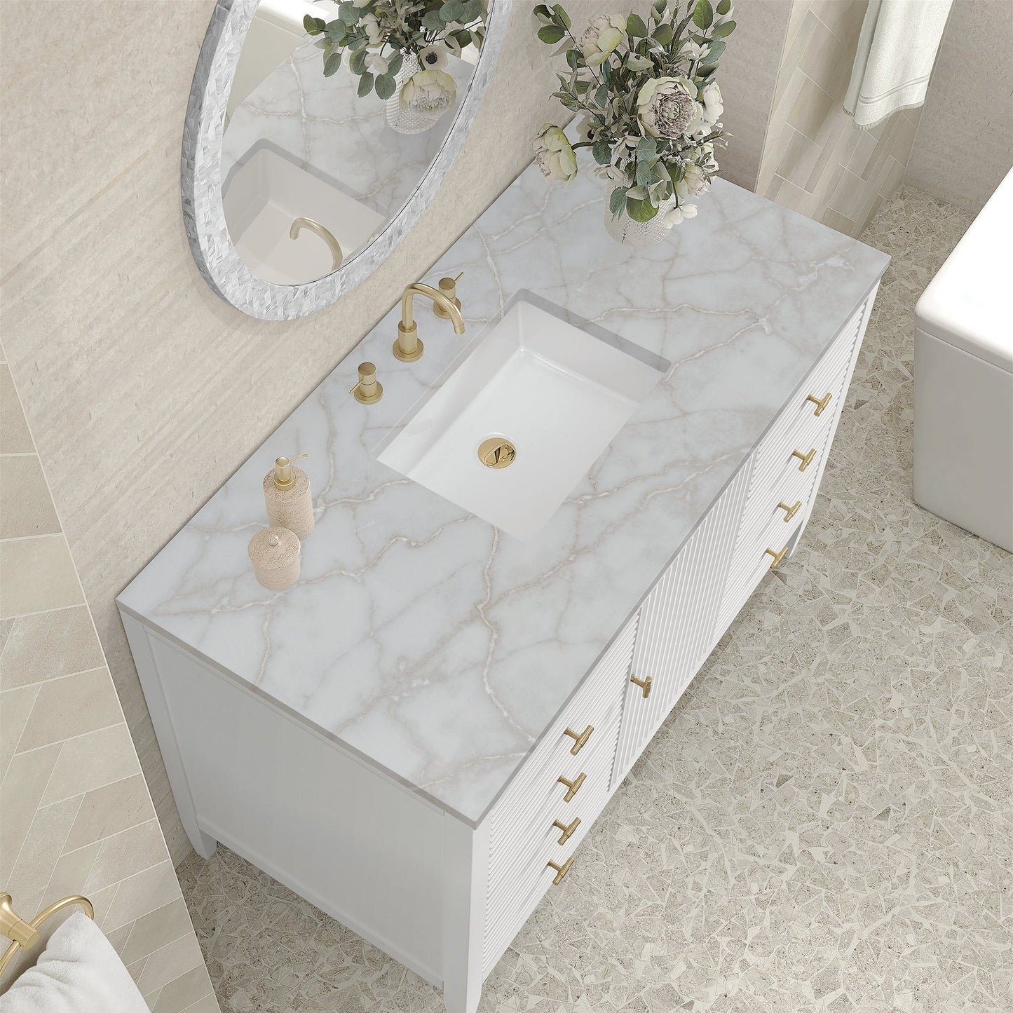 
                  
                    Myrrin 48" Single Vanity in Bright White Single Bathroom Vanity James Martin Vanities Victorian Silver Quartz 
                  
                