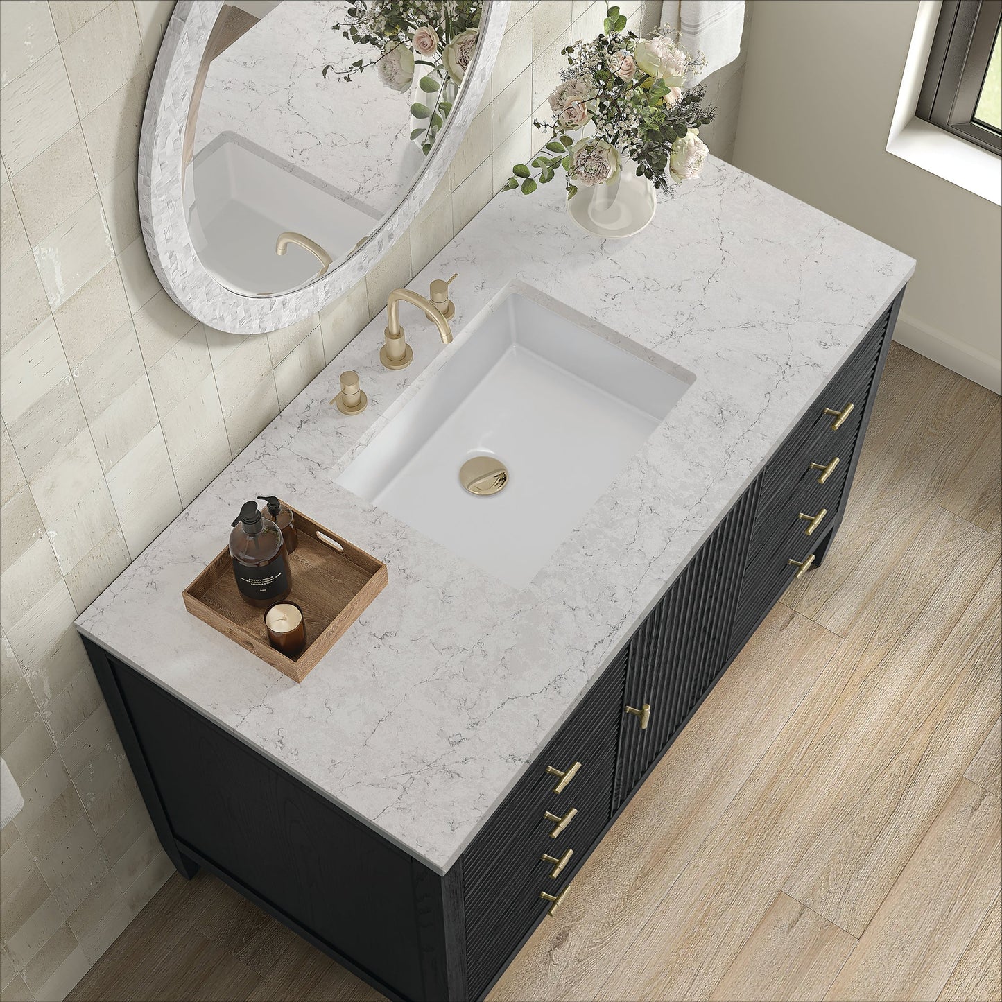 
                  
                    Myrrin 48" Single Vanity in Carbon Oak Single Bathroom Vanity James Martin Vanities Eternal Jasmine Pearl Quartz 
                  
                