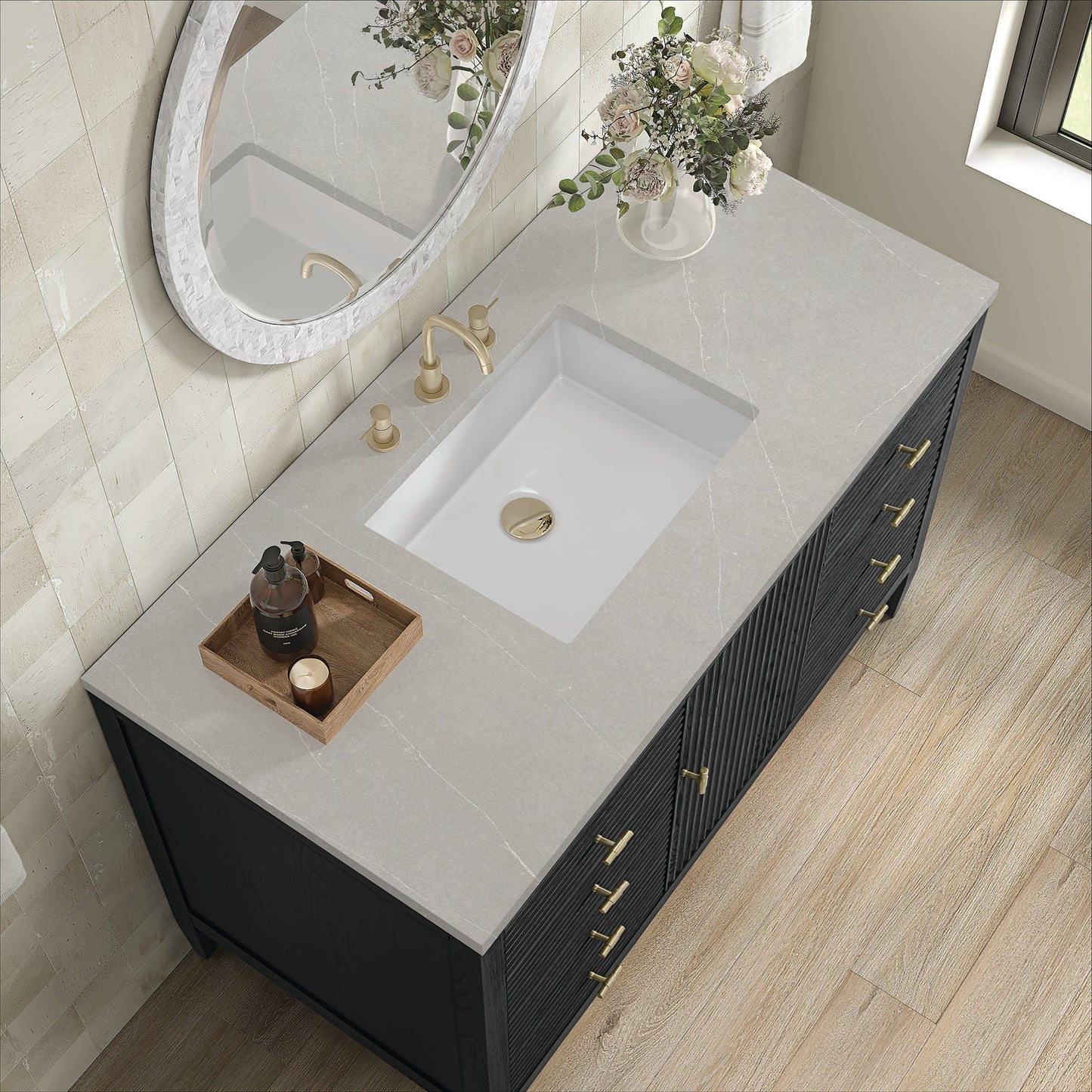 
                  
                    Myrrin 48" Single Vanity in Carbon Oak Single Bathroom Vanity James Martin Vanities Eternal Serena Quartz 
                  
                