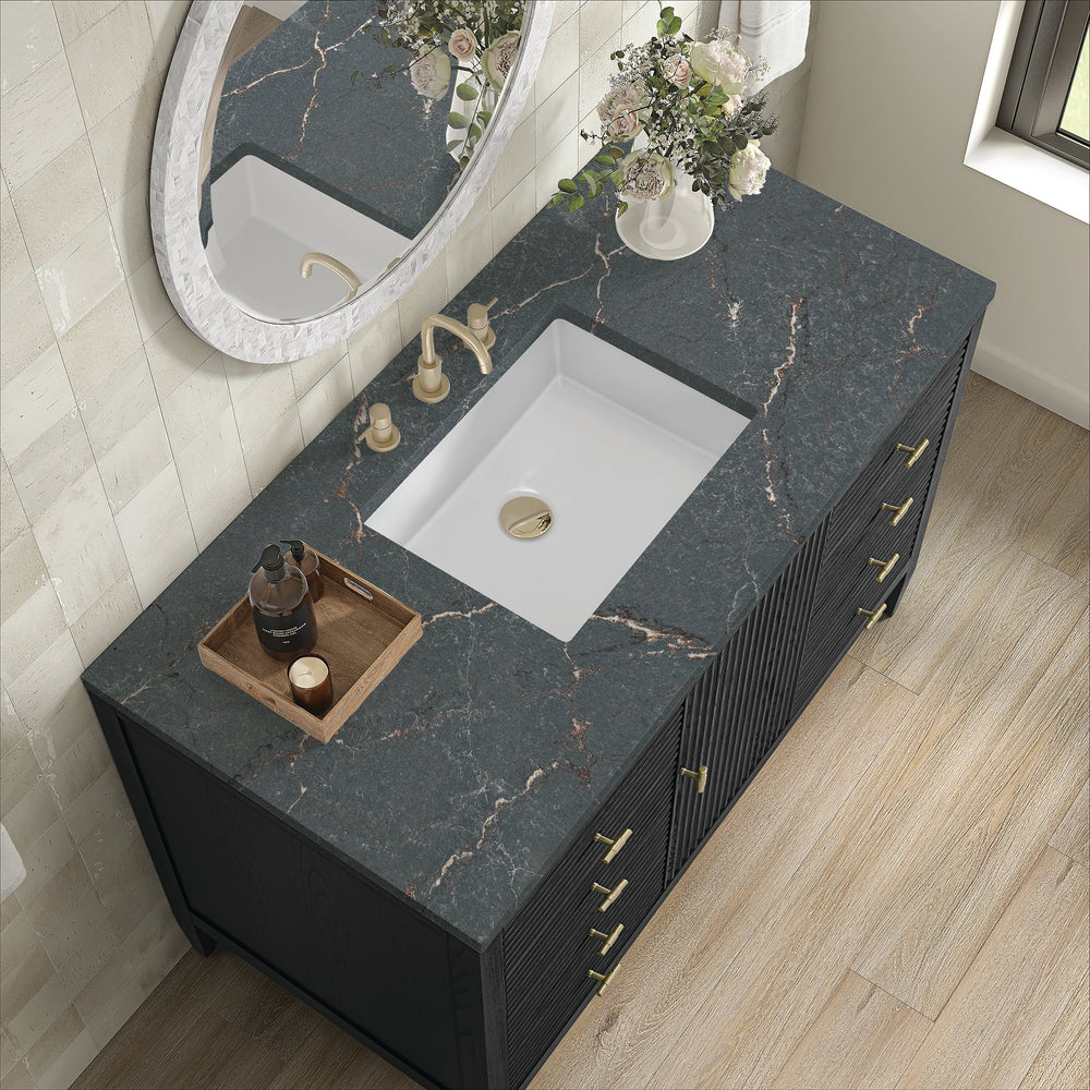 
                  
                    Myrrin 48" Single Vanity in Carbon Oak Single Bathroom Vanity James Martin Vanities Parisien Bleu Quartz 
                  
                