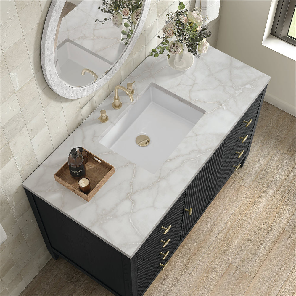 
                  
                    Myrrin 48" Single Vanity in Carbon Oak Single Bathroom Vanity James Martin Vanities Victorian Silver Silestone 
                  
                