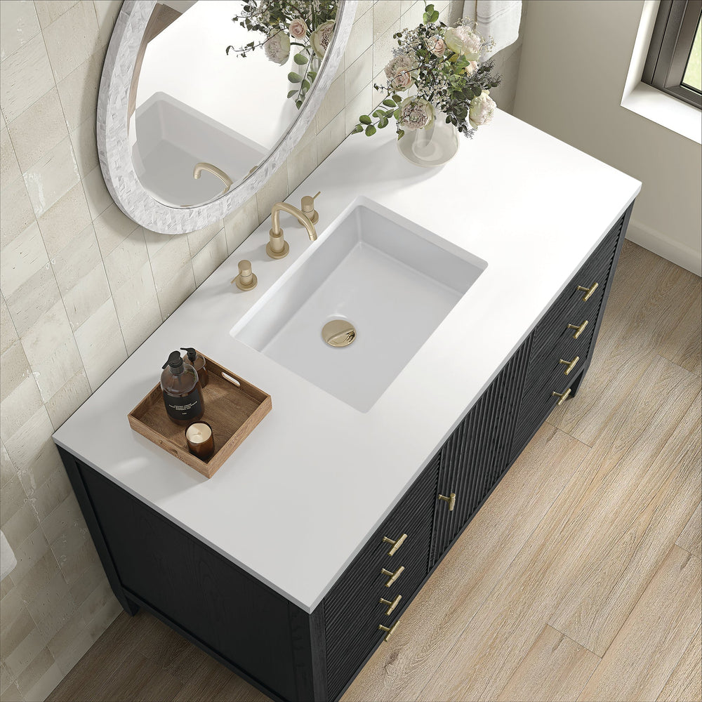
                  
                    Myrrin 48" Single Vanity in Carbon Oak Single Bathroom Vanity James Martin Vanities White Zeus Quartz 
                  
                
