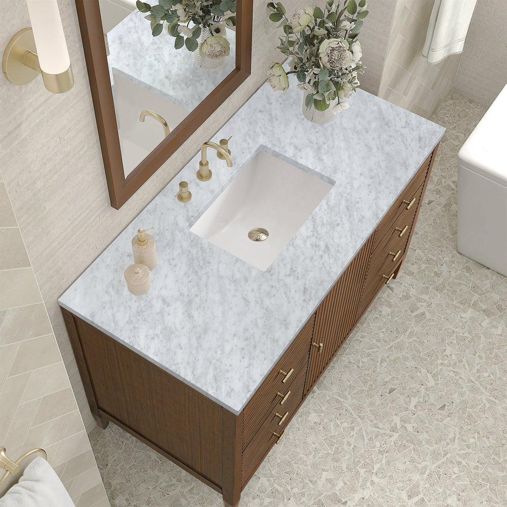 
                  
                    Myrrin 48" Single Vanity in Mid-Century Walnut Single Bathroom Vanity James Martin Vanities Carrara White Marble 
                  
                