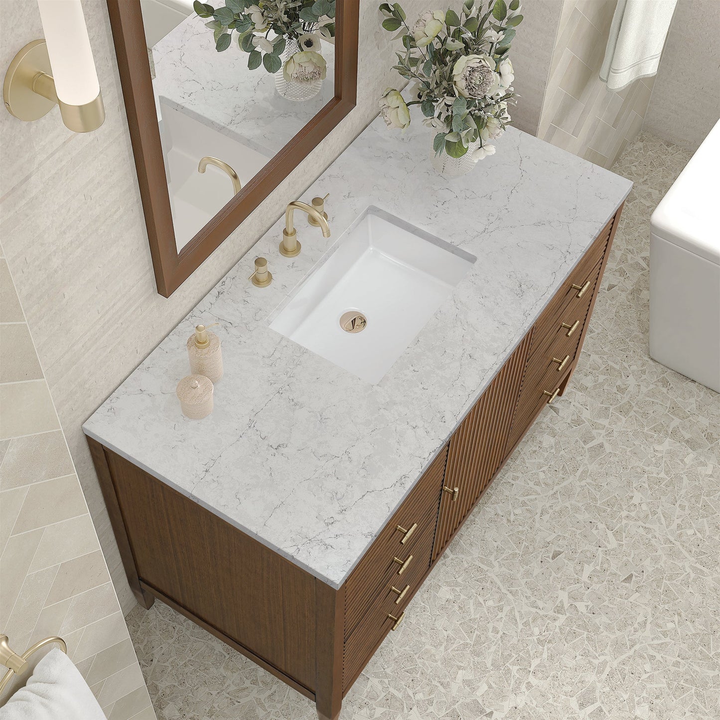 
                  
                    Myrrin 48" Single Vanity in Mid-Century Walnut Single Bathroom Vanity James Martin Vanities Eternal Jasmine Pearl Quartz 
                  
                