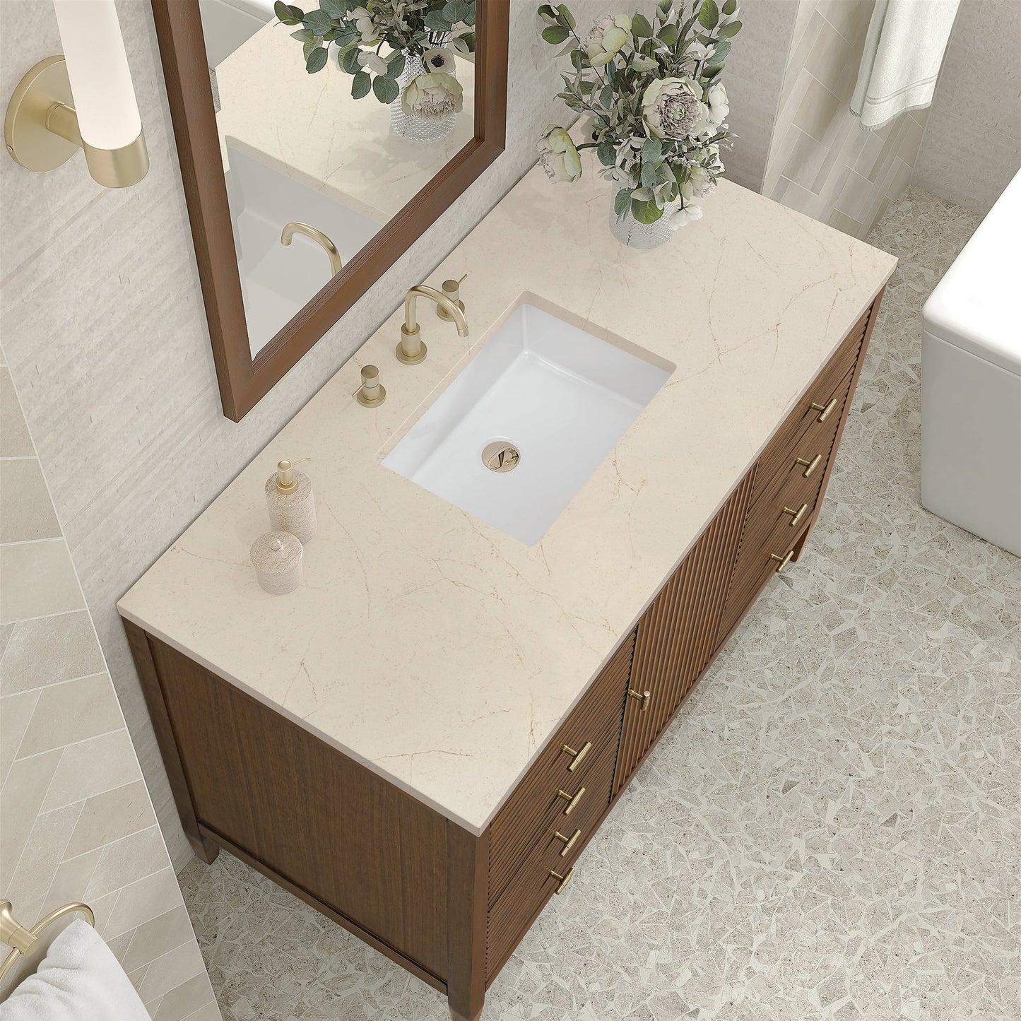 
                  
                    Myrrin 48" Single Vanity in Mid-Century Walnut Single Bathroom Vanity James Martin Vanities Eternal Marfil Silestone 
                  
                