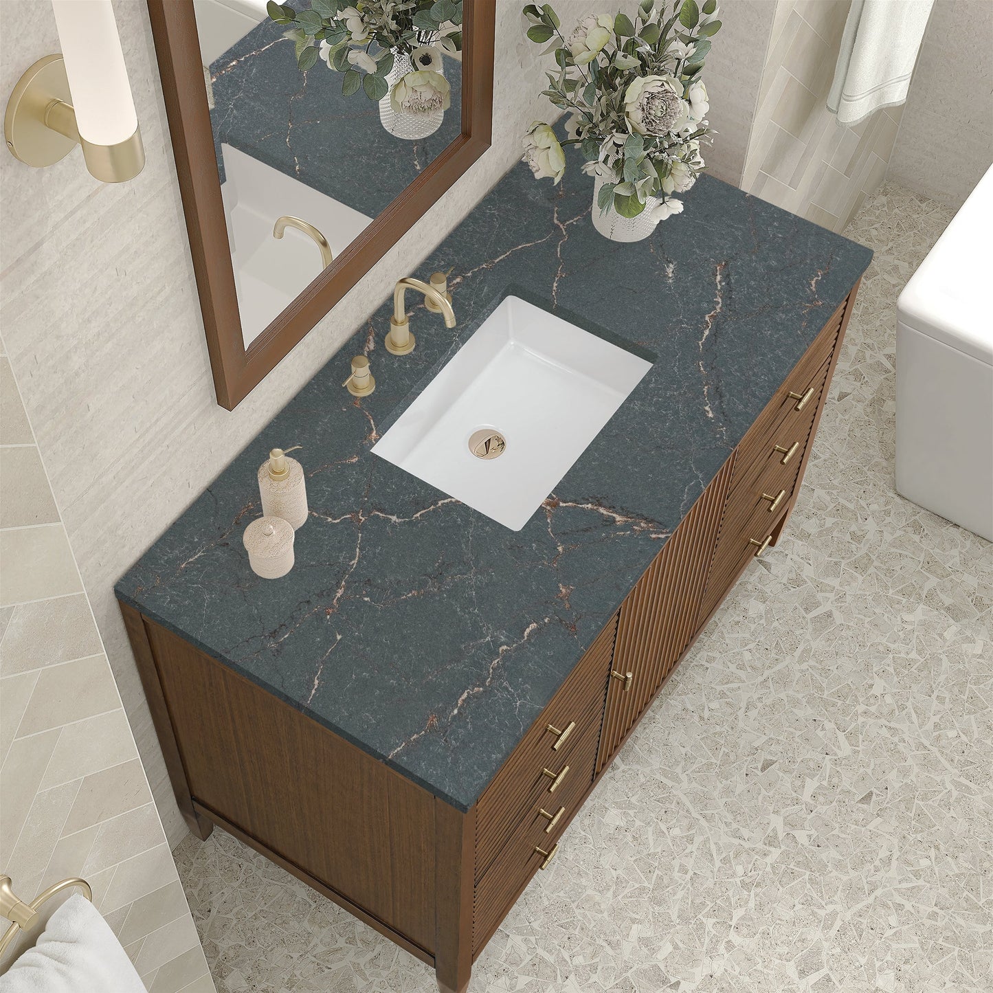 
                  
                    Myrrin 48" Single Vanity in Mid-Century Walnut Single Bathroom Vanity James Martin Vanities Parisien Bleu Silestone 
                  
                