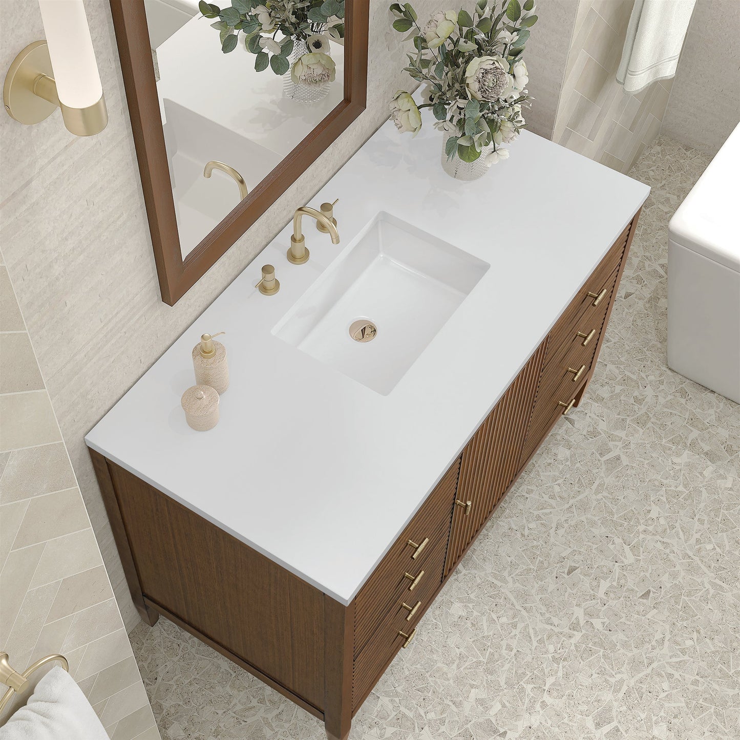 
                  
                    Myrrin 48" Single Vanity in Mid-Century Walnut Single Bathroom Vanity James Martin Vanities White Zeus Quartz 
                  
                