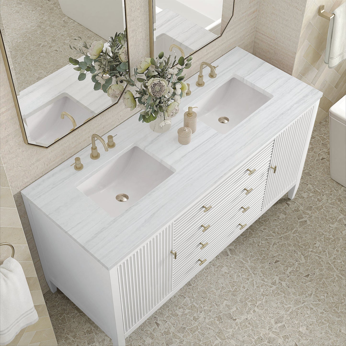 
                  
                    Myrrin 60" Double Vanity in Bright White Double bathroom Vanity James Martin Vanities Arctic Fall solid surface 
                  
                
