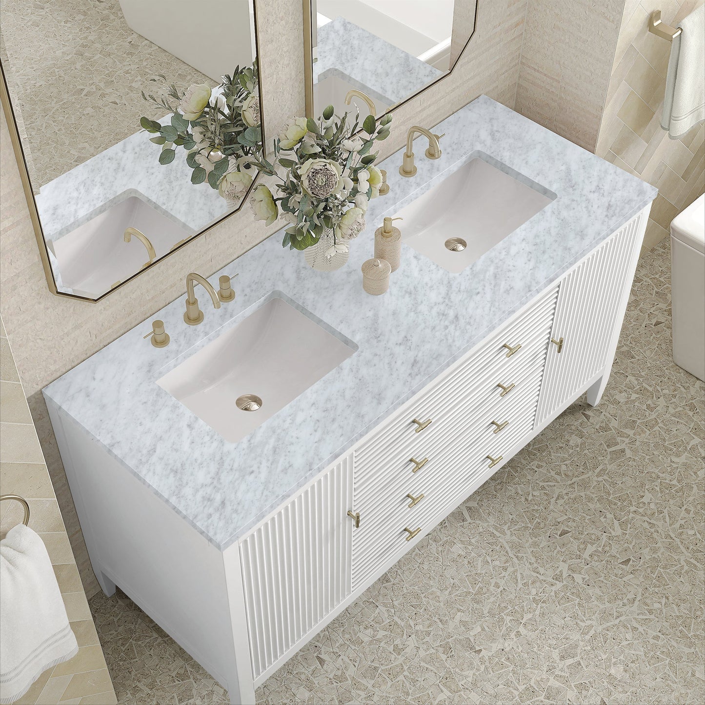 
                  
                    Myrrin 60" Double Vanity in Bright White Double bathroom Vanity James Martin Vanities Carrara White Marble 
                  
                