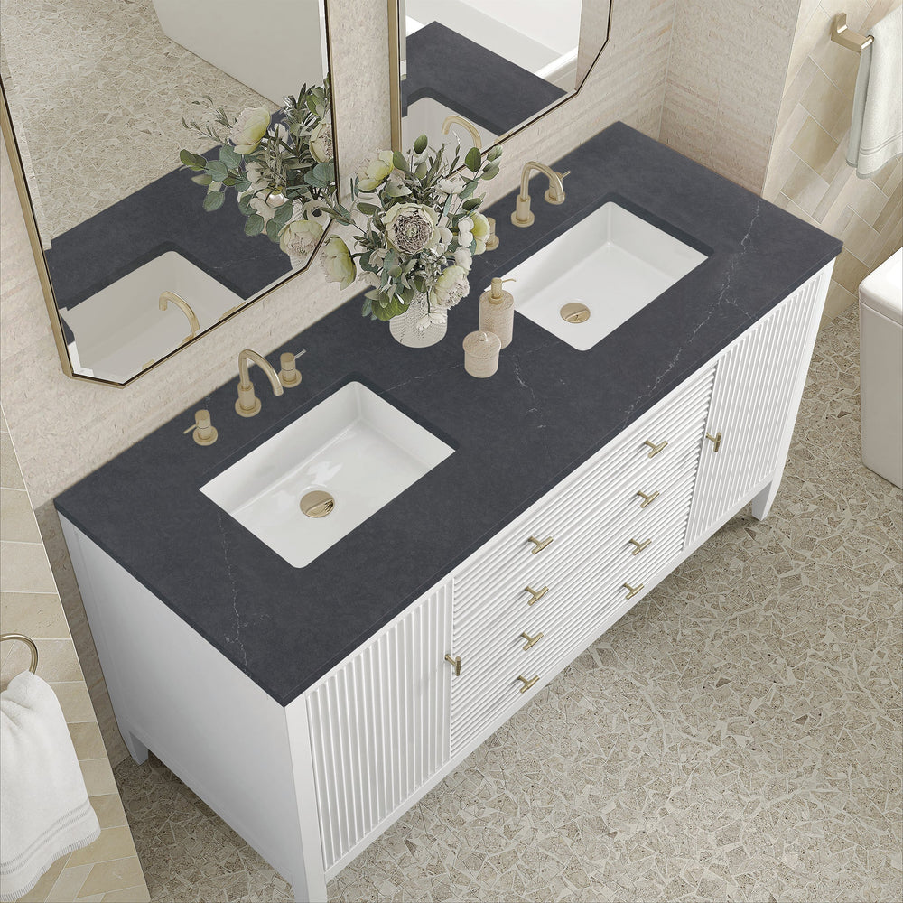 
                  
                    Myrrin 60" Double Vanity in Bright White Double bathroom Vanity James Martin Vanities Charcoal Soapstone Quartz 
                  
                