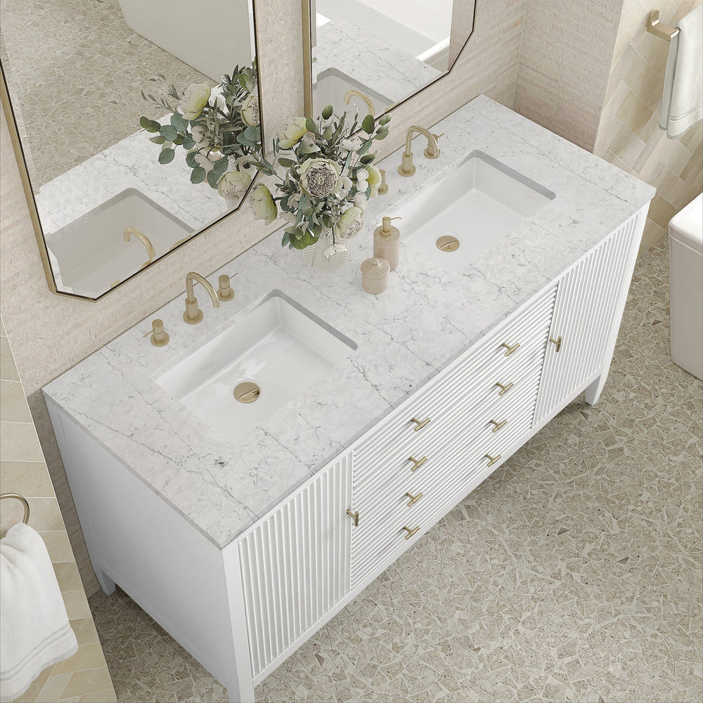 
                  
                    Myrrin 60" Double Vanity in Bright White Double bathroom Vanity James Martin Vanities Eternal Jasmine Pearl Quartz 
                  
                