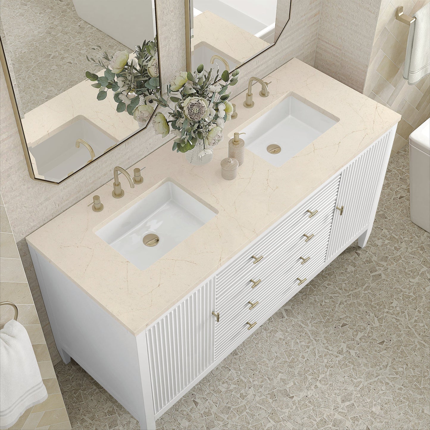 
                  
                    Myrrin 60" Double Vanity in Bright White Double bathroom Vanity James Martin Vanities Eternal Marfil Quartz 
                  
                