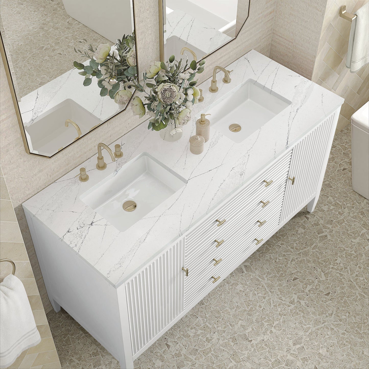 
                  
                    Myrrin 60" Double Vanity in Bright White Double bathroom Vanity James Martin Vanities Ethereal Noctis Quartz 
                  
                