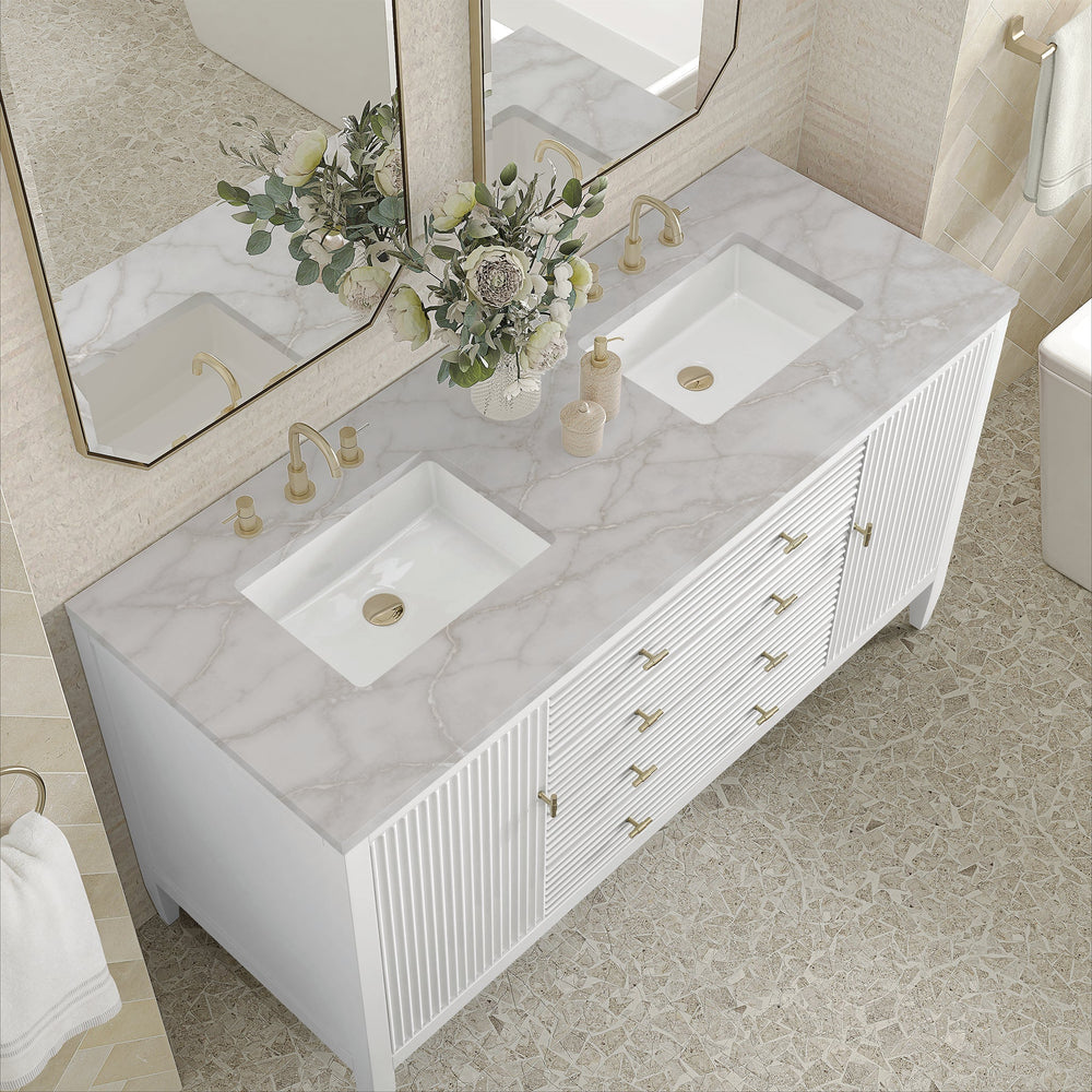
                  
                    Myrrin 60" Double Vanity in Bright White Double bathroom Vanity James Martin Vanities Victorian Silver Quartz 
                  
                