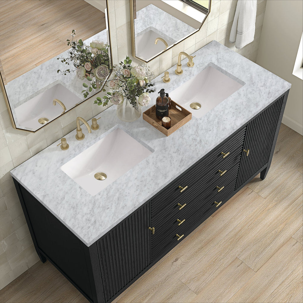 
                  
                    Myrrin 60" Double Vanity in Carbon Oak Double bathroom Vanity James Martin Vanities Carrara White Marble 
                  
                