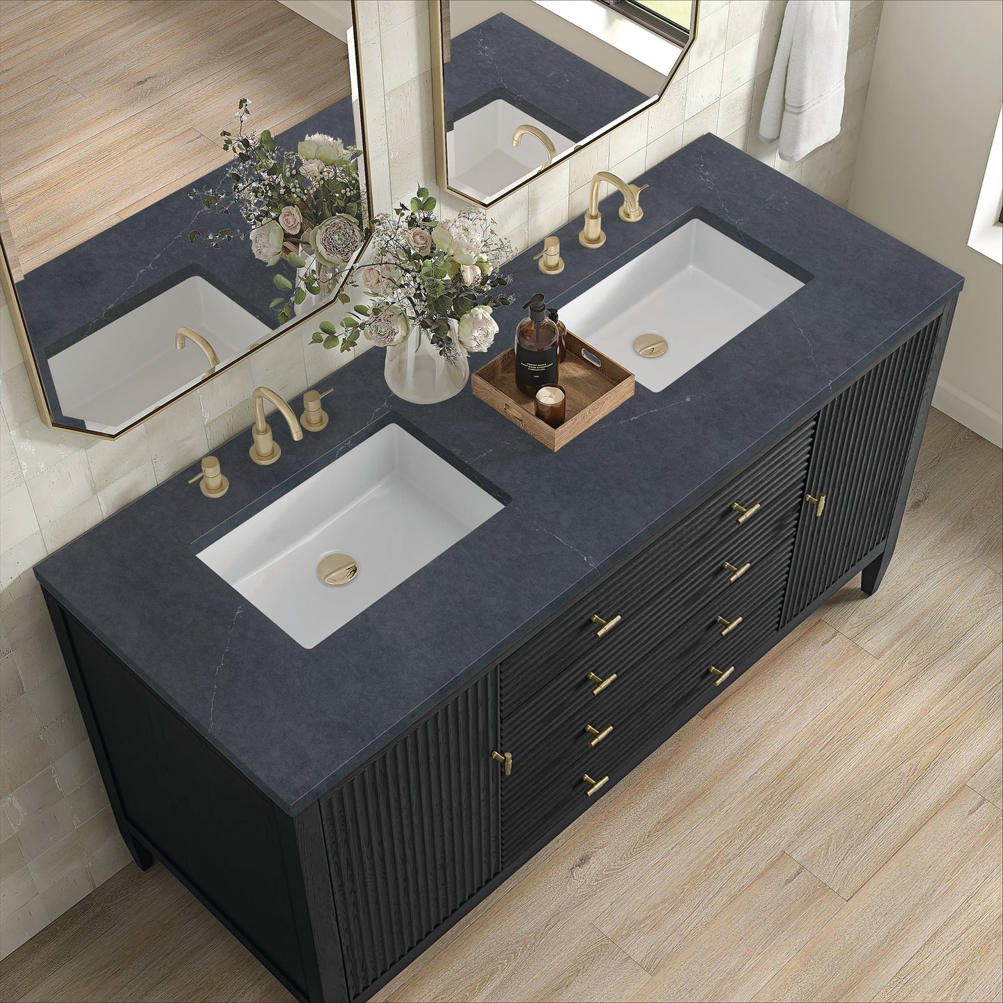 
                  
                    Myrrin 60" Double Vanity in Carbon Oak Double bathroom Vanity James Martin Vanities Charcoal Soapstone Silestone 
                  
                