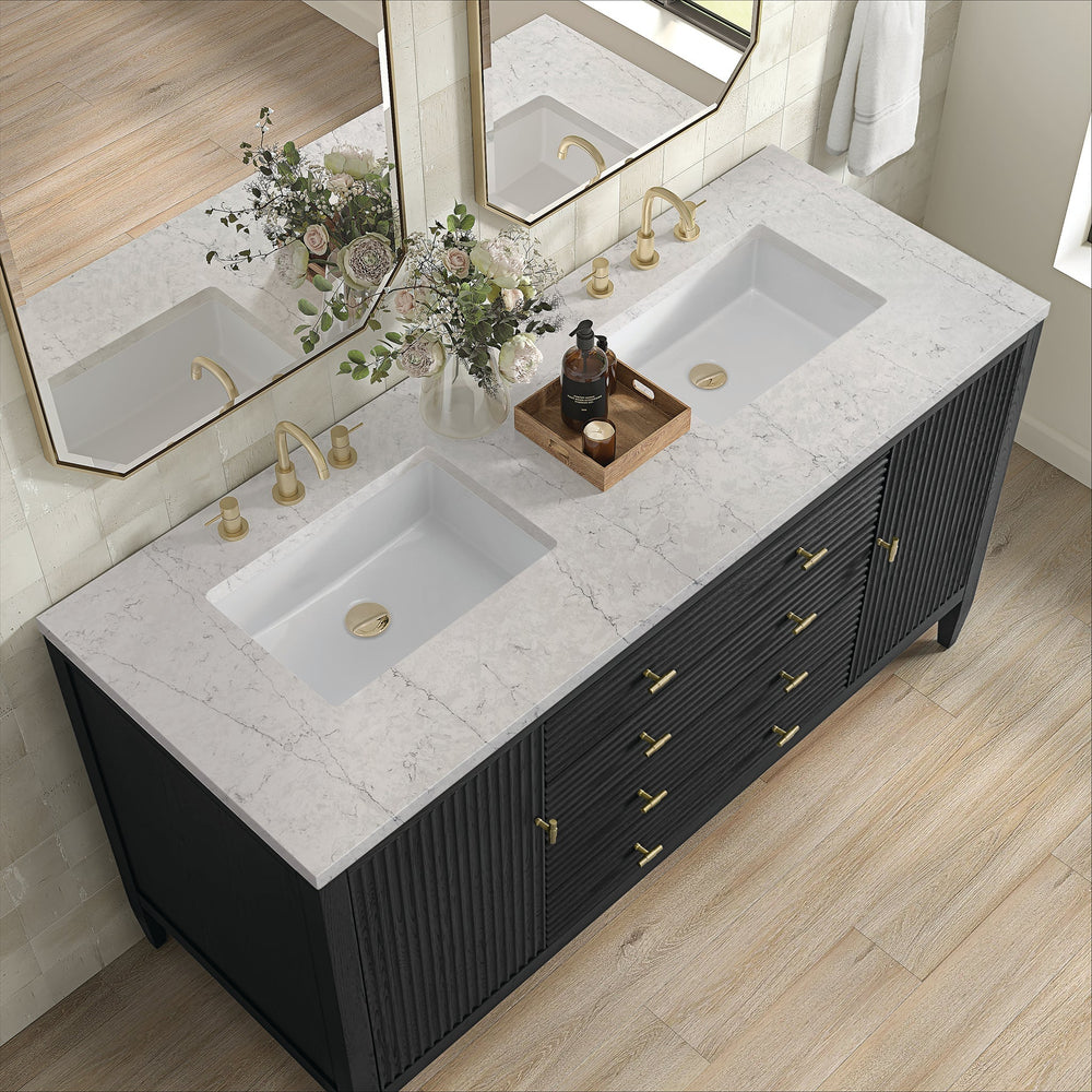 
                  
                    Myrrin 60" Double Vanity in Carbon Oak Double bathroom Vanity James Martin Vanities Eternal Jasmine Pearl Silestone 
                  
                