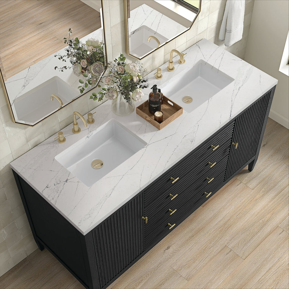 
                  
                    Myrrin 60" Double Vanity in Carbon Oak Double bathroom Vanity James Martin Vanities Ethereal Noctis Quartz 
                  
                