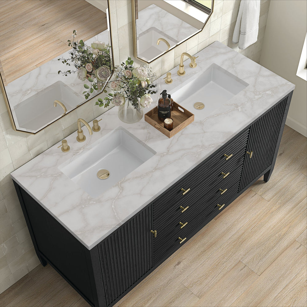 
                  
                    Myrrin 60" Double Vanity in Carbon Oak Double bathroom Vanity James Martin Vanities Victorian Silver Silestone 
                  
                