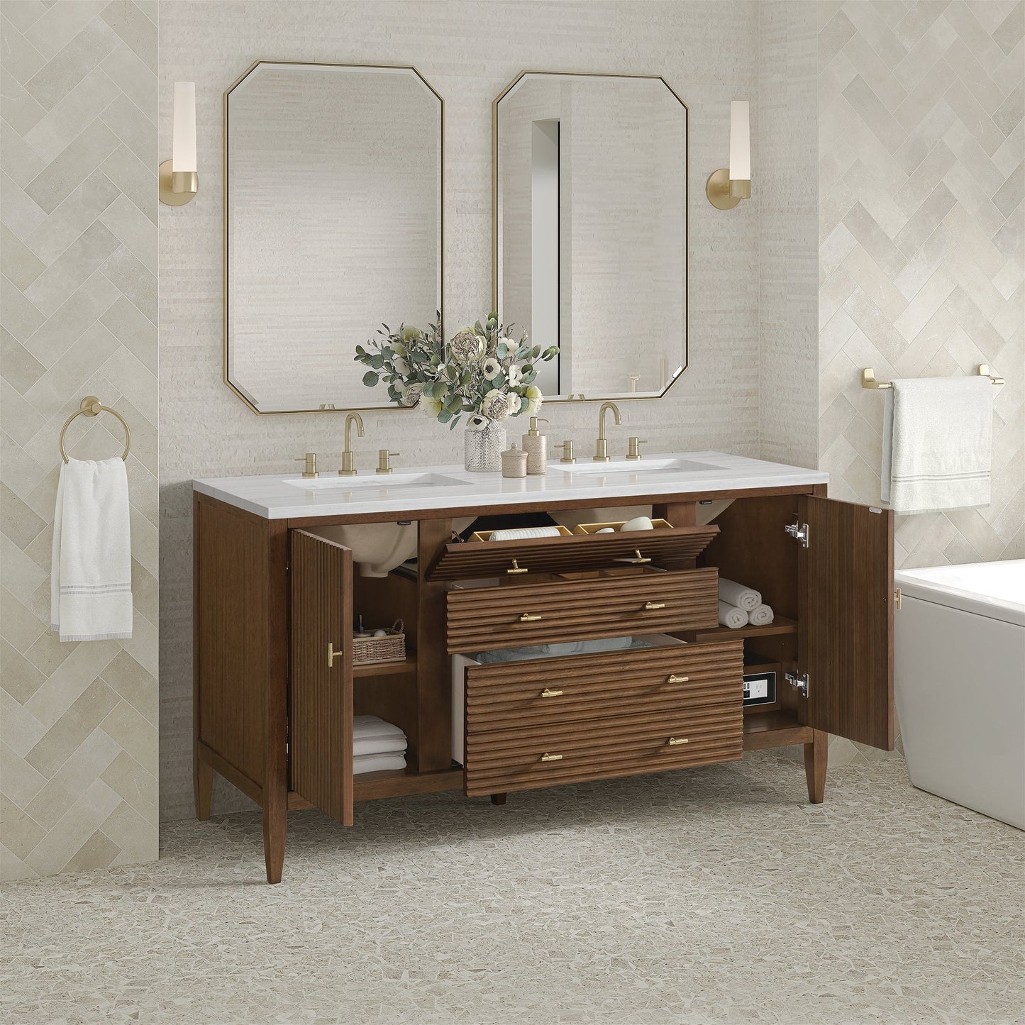 
                  
                    Myrrin 60" Double Vanity in Mid-Century Walnut Double bathroom Vanity James Martin Vanities 
                  
                