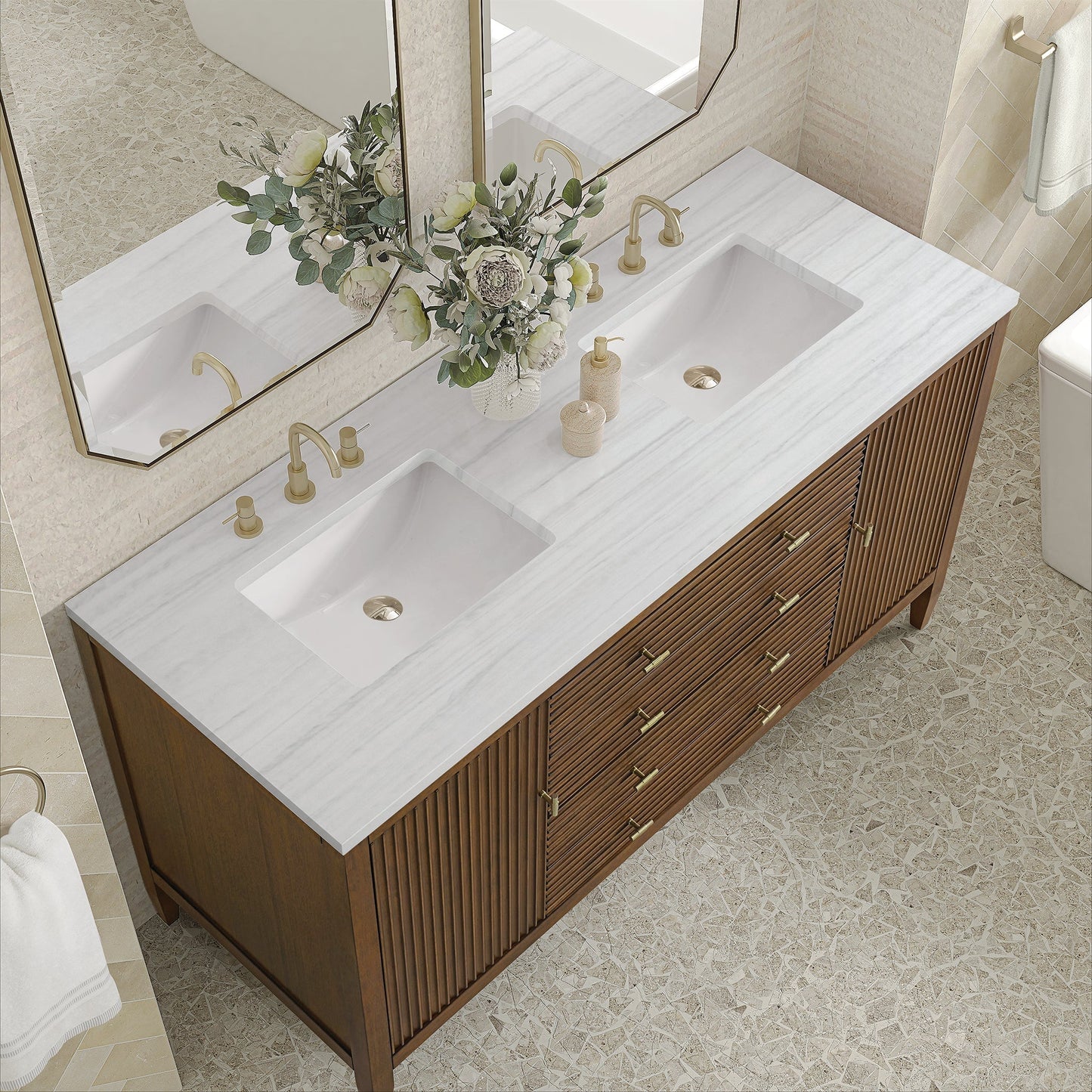 
                  
                    Myrrin 60" Double Vanity in Mid-Century Walnut Double bathroom Vanity James Martin Vanities Arctic Fall solid surface 
                  
                