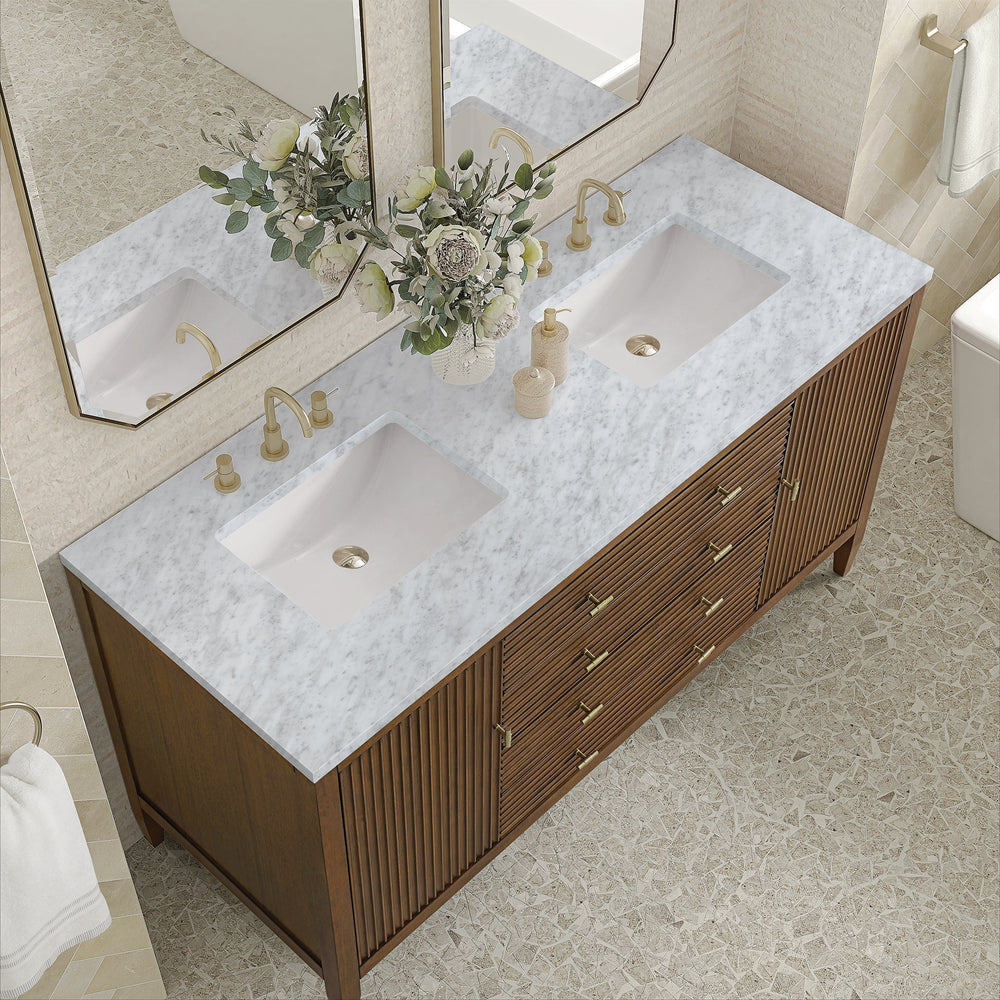 
                  
                    Myrrin 60" Double Vanity in Mid-Century Walnut Double bathroom Vanity James Martin Vanities Carrara White Marble 
                  
                