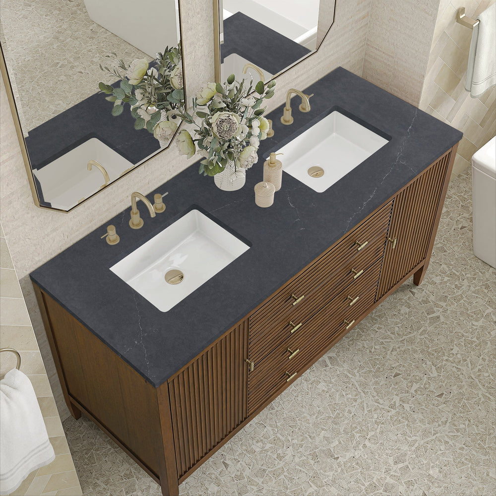 
                  
                    Myrrin 60" Double Vanity in Mid-Century Walnut Double bathroom Vanity James Martin Vanities Charcoal Soapstone Quartz 
                  
                