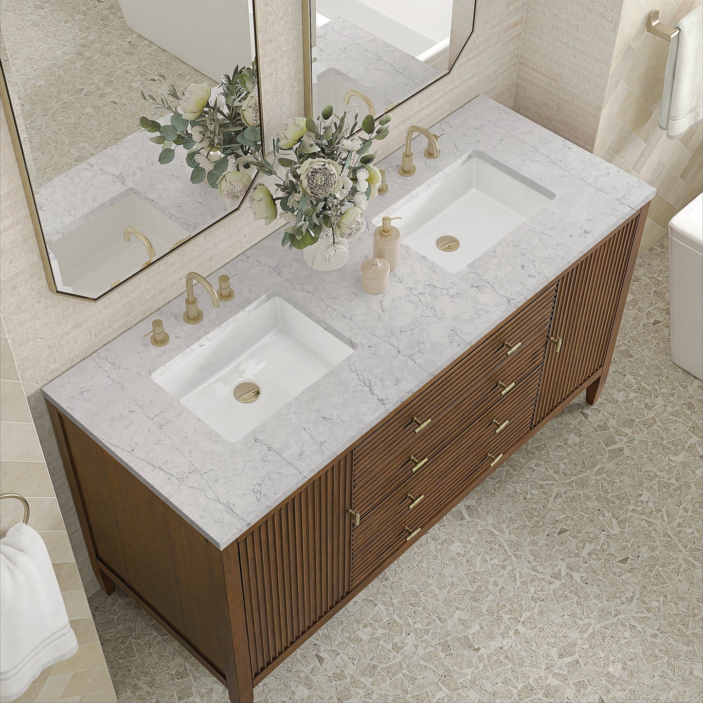 
                  
                    Myrrin 60" Double Vanity in Mid-Century Walnut Double bathroom Vanity James Martin Vanities Eternal Jasmine Pearl Silestone 
                  
                