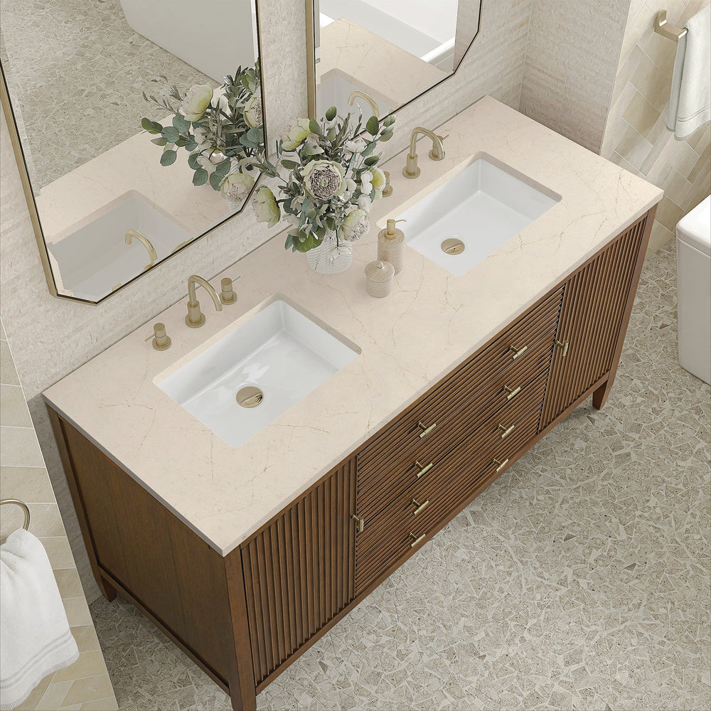 
                  
                    Myrrin 60" Double Vanity in Mid-Century Walnut Double bathroom Vanity James Martin Vanities Eternal Marfil Silestone 
                  
                