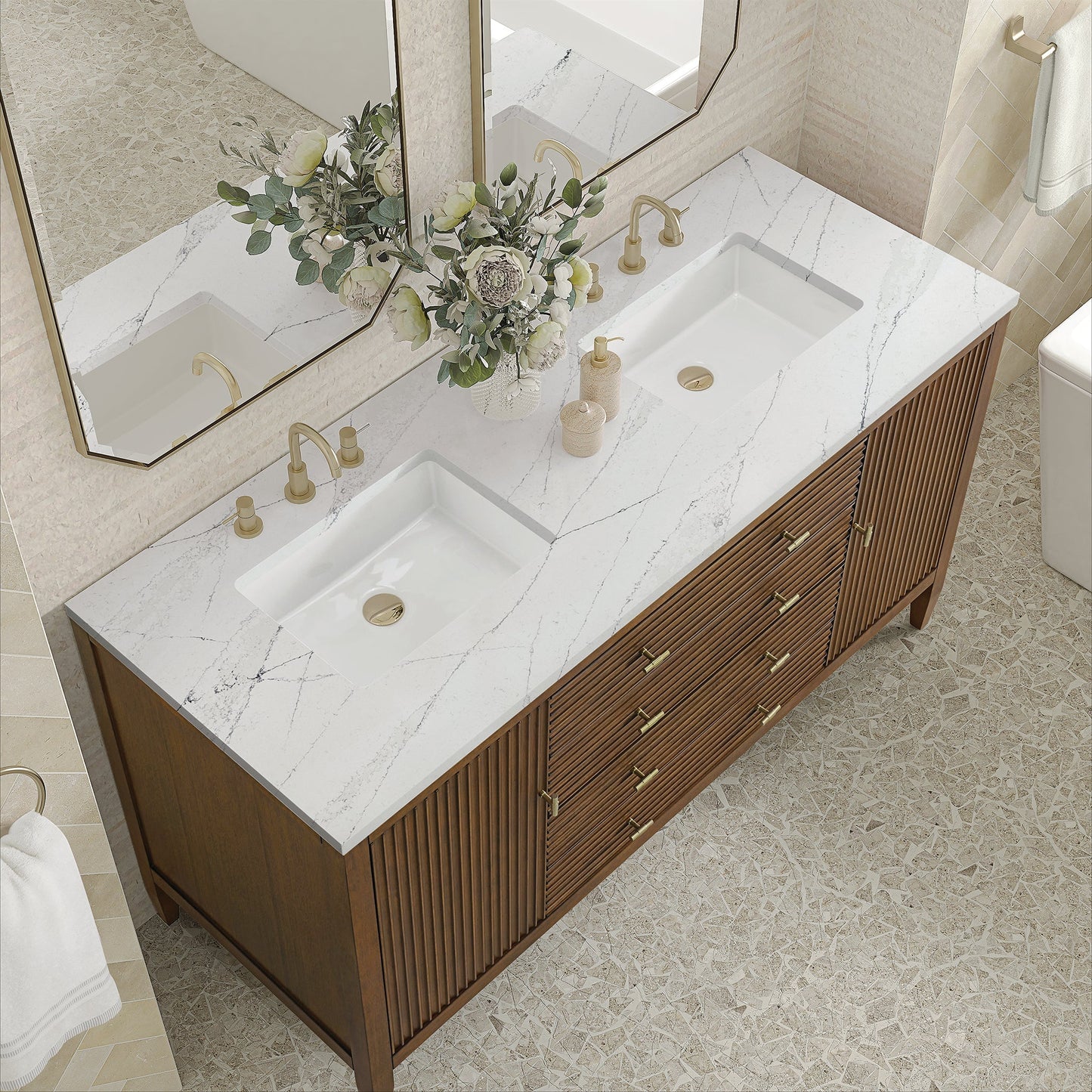 
                  
                    Myrrin 60" Double Vanity in Mid-Century Walnut Double bathroom Vanity James Martin Vanities Ethereal Noctis Silestone 
                  
                