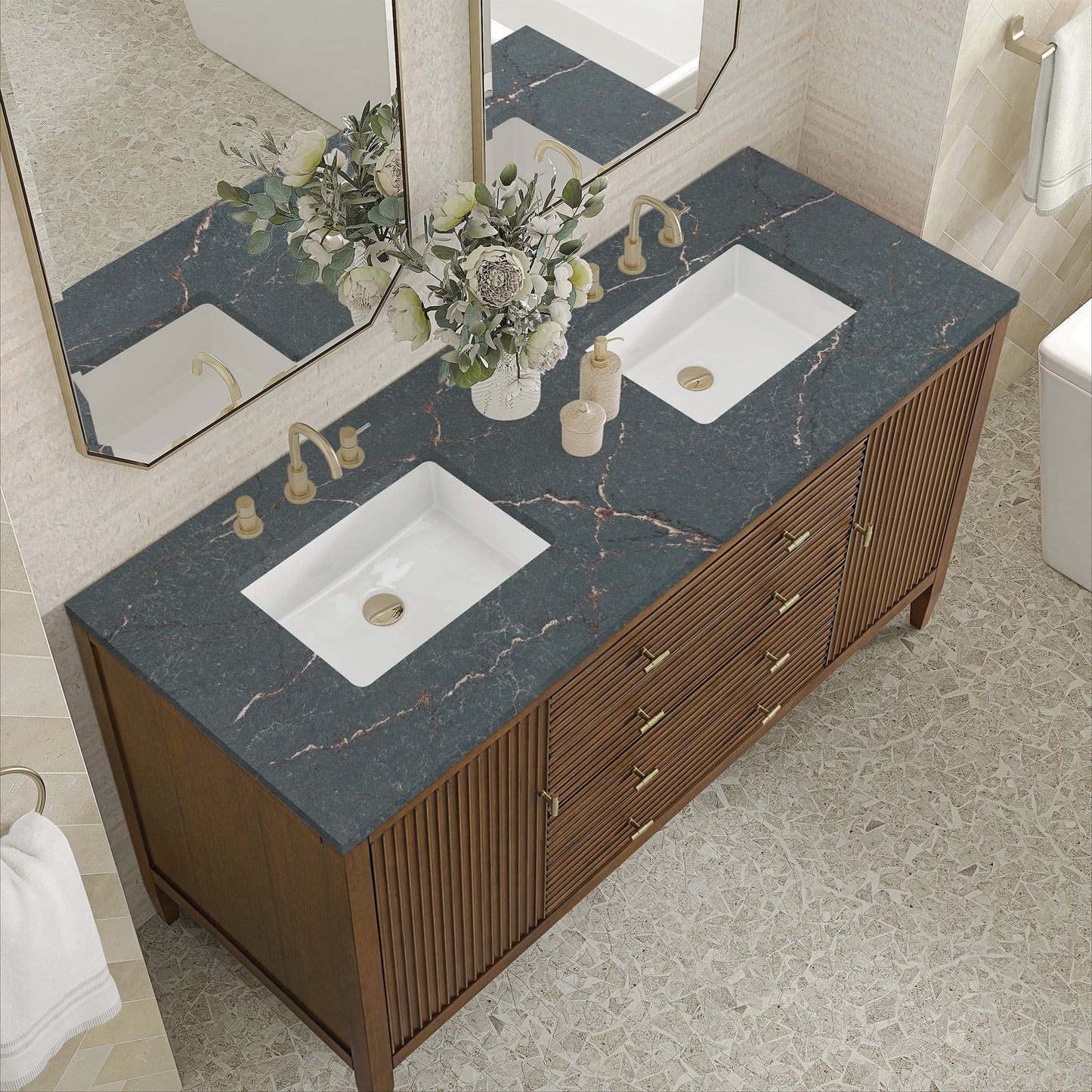 
                  
                    Myrrin 60" Double Vanity in Mid-Century Walnut Double bathroom Vanity James Martin Vanities Parisien Bleu Silestone 
                  
                