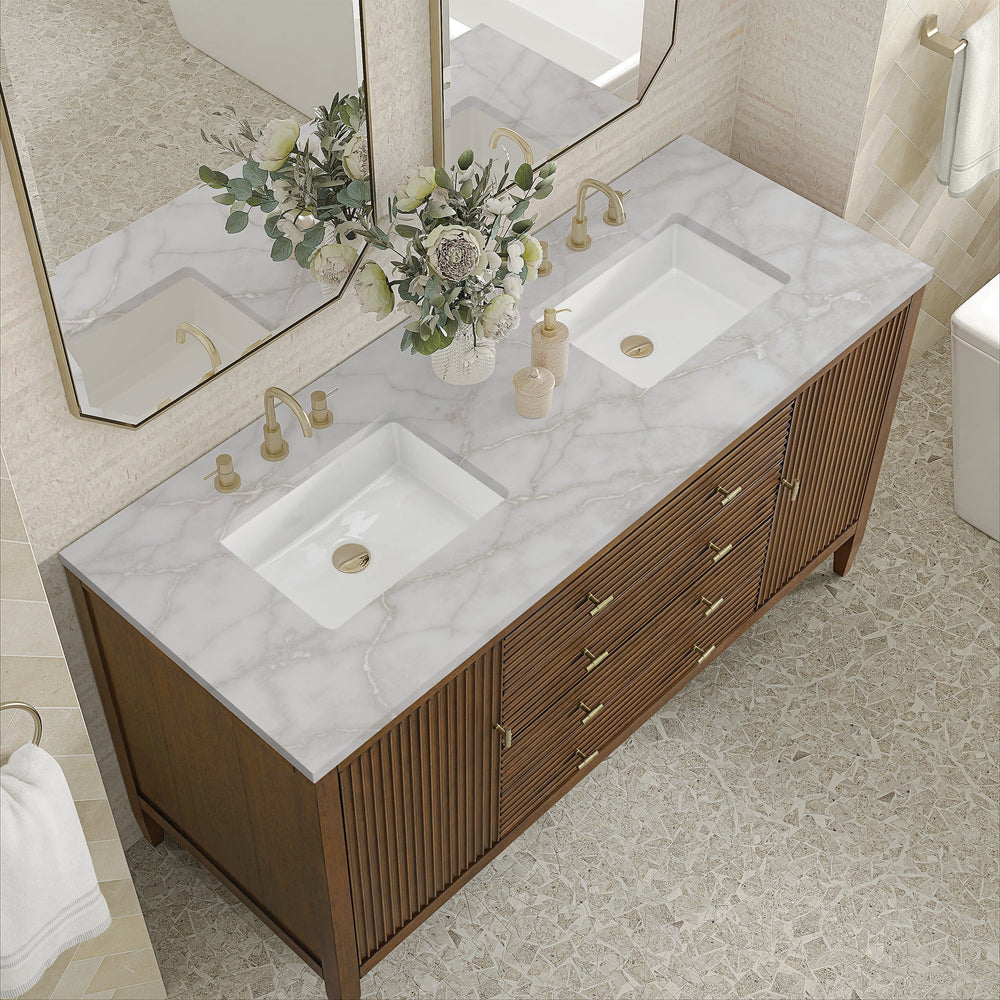 
                  
                    Myrrin 60" Double Vanity in Mid-Century Walnut Double bathroom Vanity James Martin Vanities Victorian Silver Silestone 
                  
                