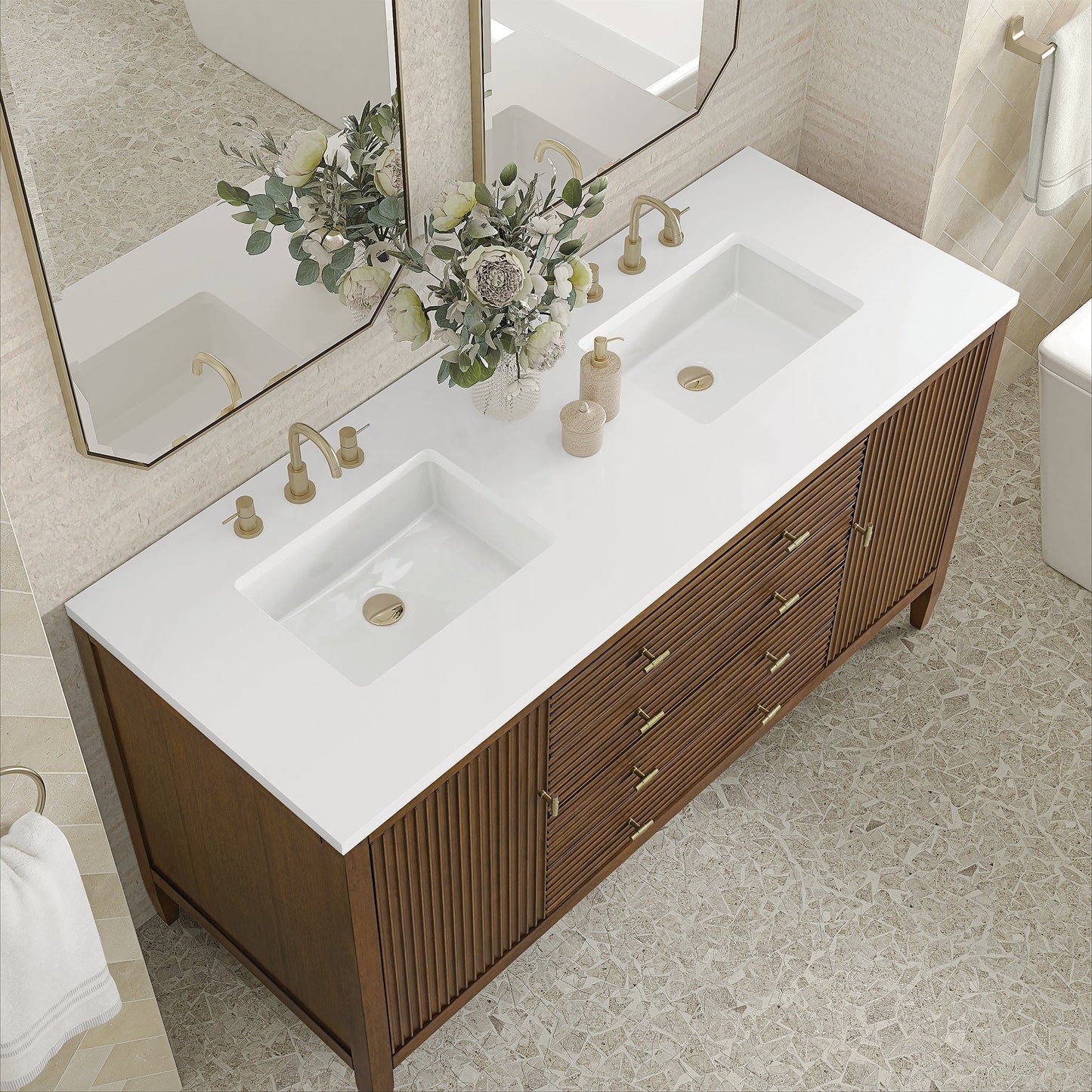 
                  
                    Myrrin 60" Double Vanity in Mid-Century Walnut Double bathroom Vanity James Martin Vanities White Zeus Quartz 
                  
                