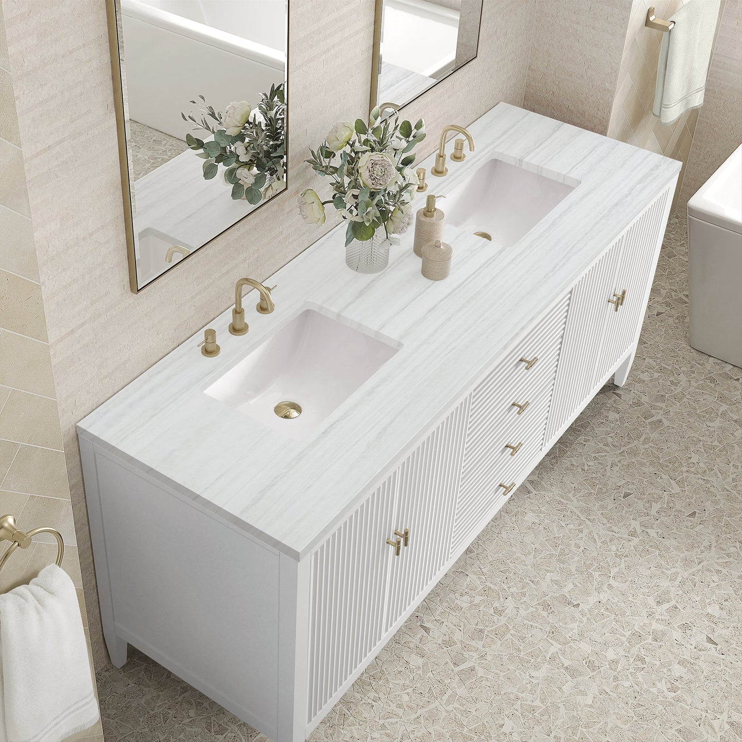 
                  
                    Myrrin 72" Double Vanity in Bright White Double bathroom Vanity James Martin Vanities Arctic Fall solid surface 
                  
                